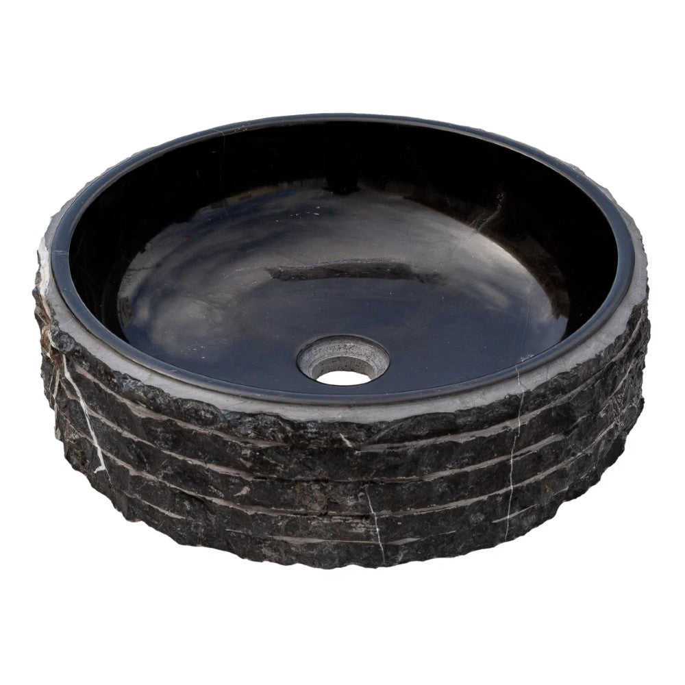Black Marble Handcrafted Vessel Sink Bowl Polished Interior Combed Exterior 16x5