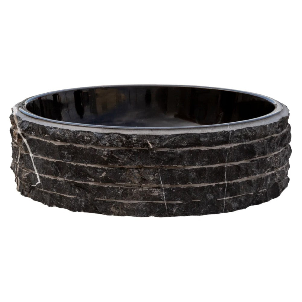 Black Marble Handcrafted Vessel Sink Bowl Polished Interior Combed Exterior 16x5
