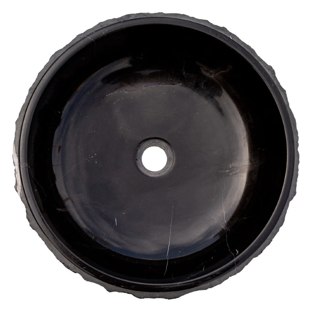 Black Marble Handcrafted Vessel Sink Bowl Polished Interior Combed Exterior 16x5