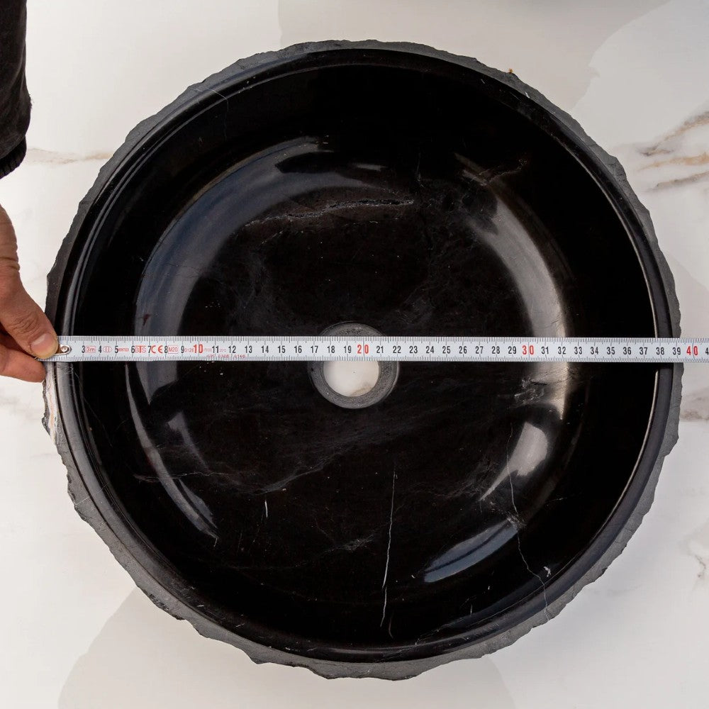Black Marble Handcrafted Vessel Sink Bowl Polished Interior Combed Exterior 16x5