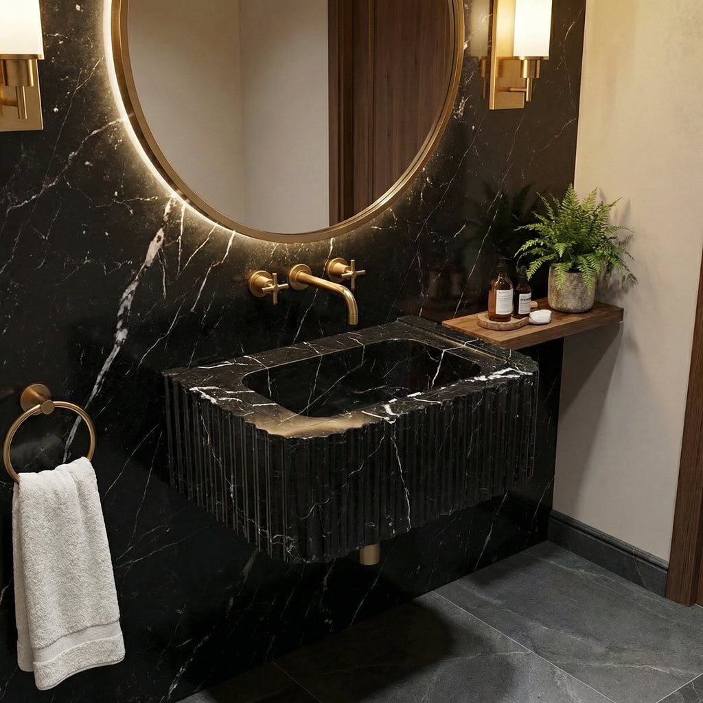 Black Marble Handcrafted Rectangular Sink - Wall-Mount Polished 12x19x7