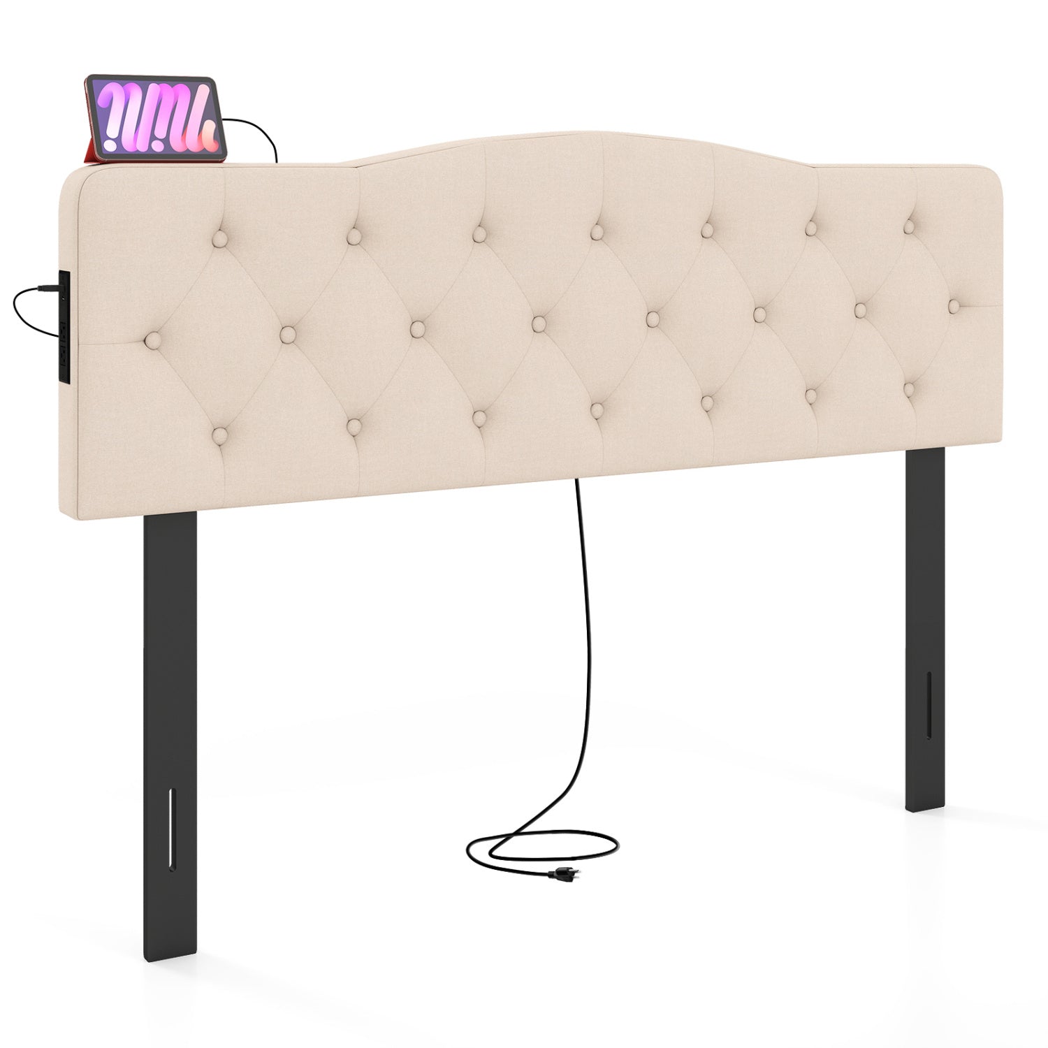 Tufted Upholstered Head Board for Queen and Full Size Bed with 2 AC Outlets