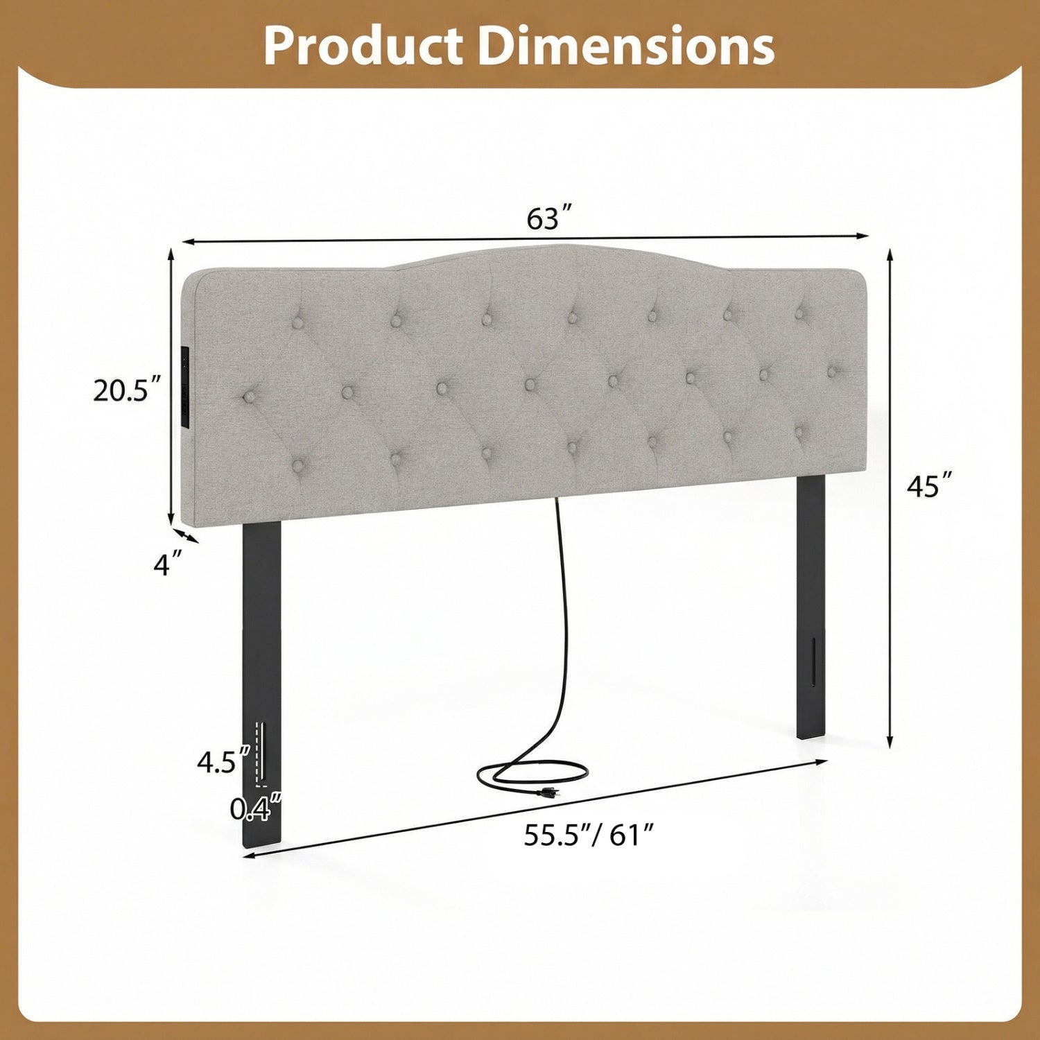 Tufted Upholstered Head Board for Queen and Full Size Bed with 2 AC Outlets