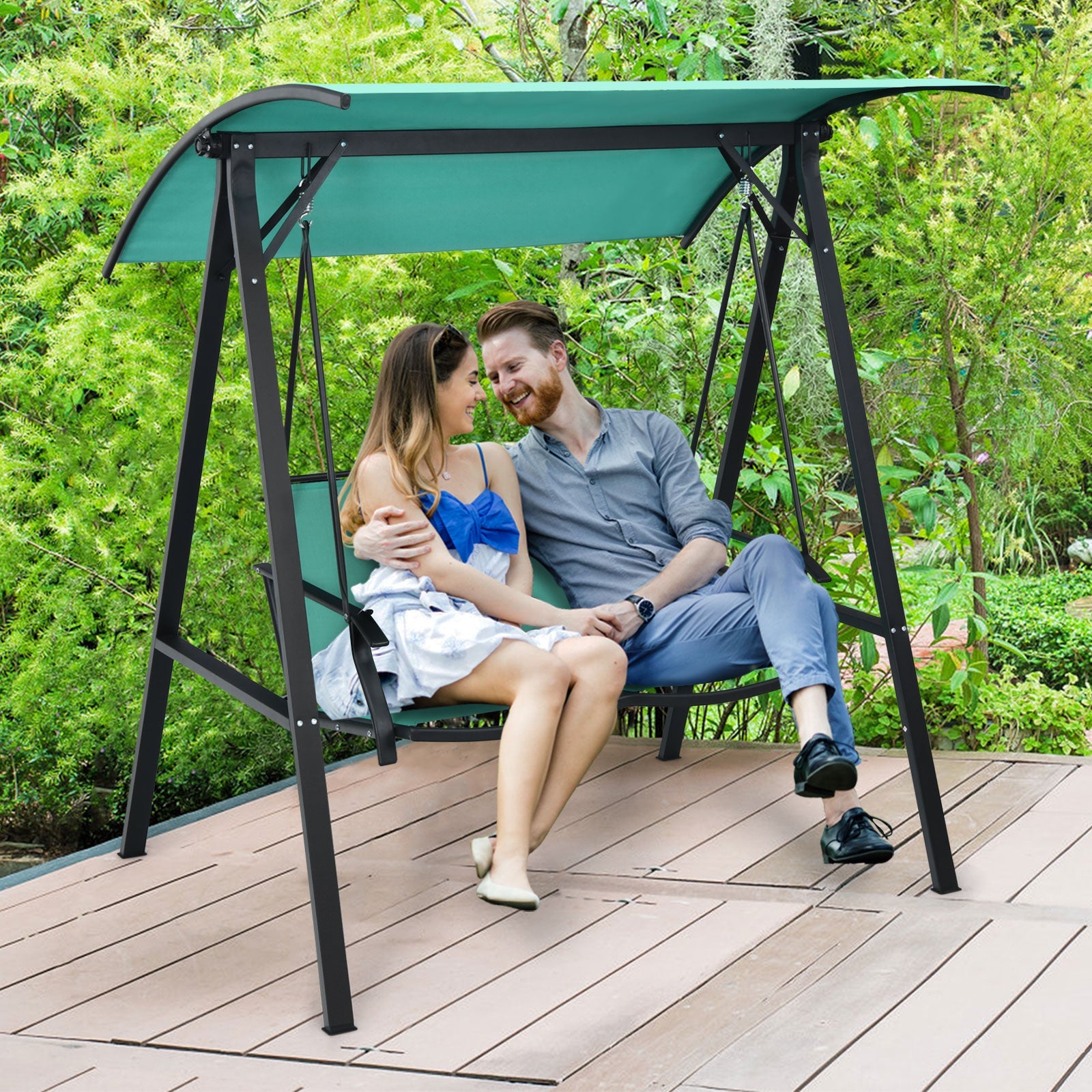 Outdoor Porch Steel Hanging 2-Seat Swing Loveseat with Canopy