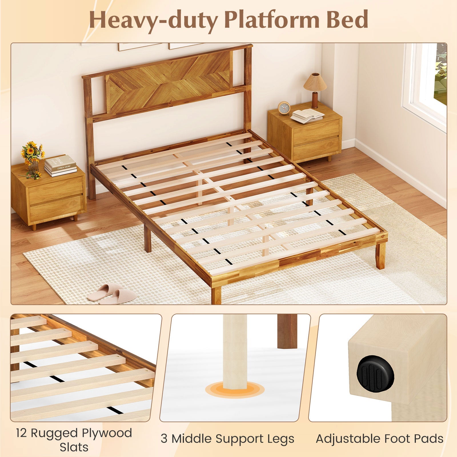Twin/Full/Queen Size Bed Frame Mid-Century Acacia Wood Platform Bed with Headboard