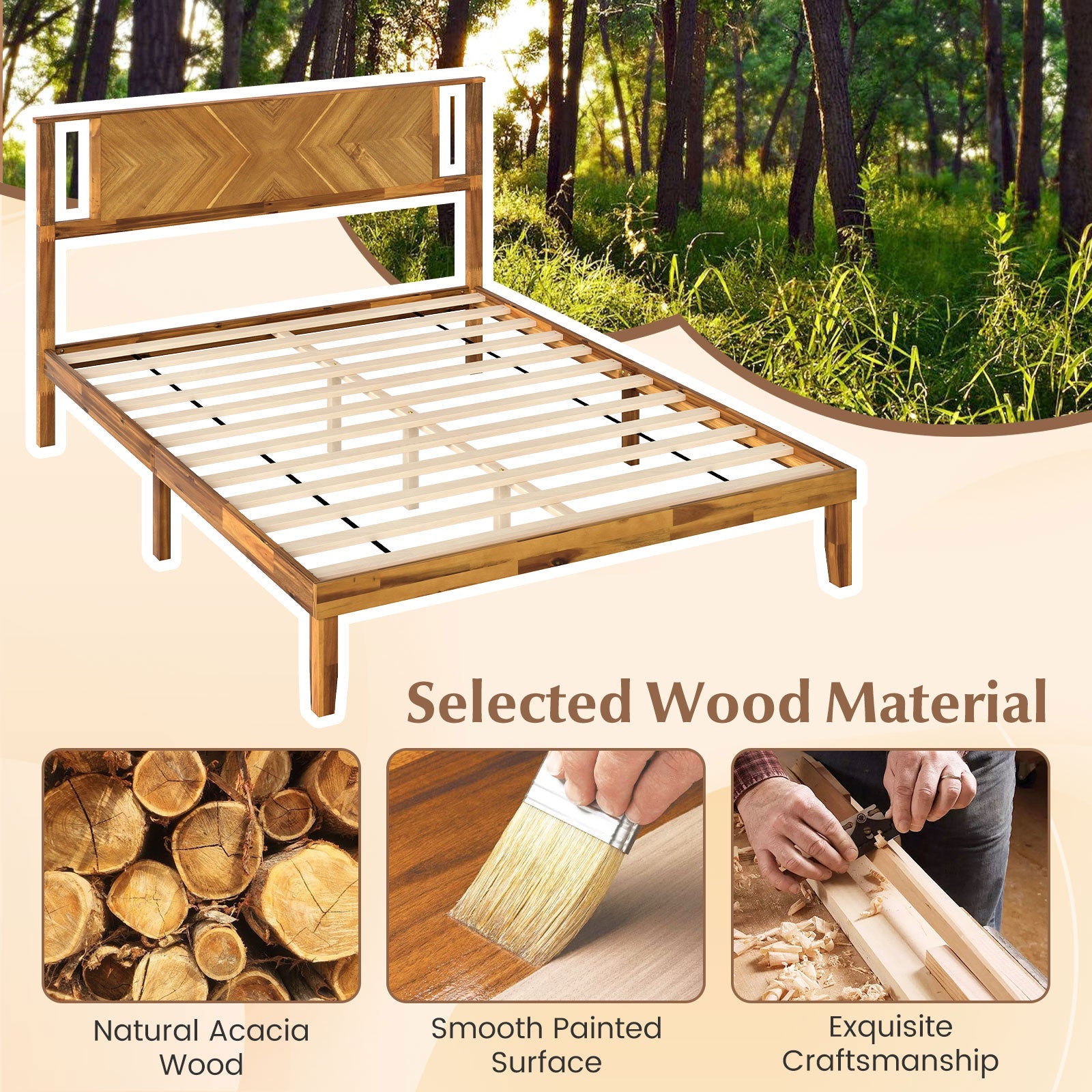 Twin/Full/Queen Size Bed Frame Mid-Century Acacia Wood Platform Bed with Headboard