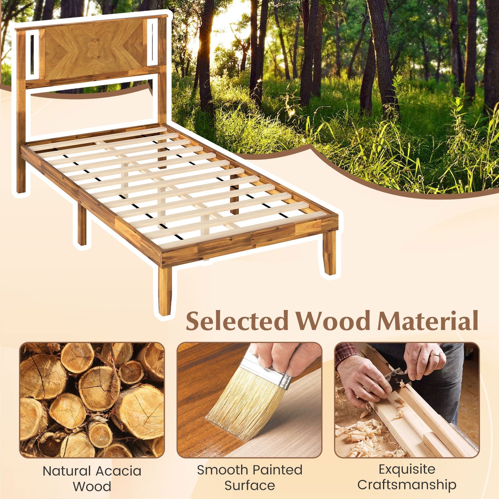 Twin/Full/Queen Size Bed Frame Mid-Century Acacia Wood Platform Bed with Headboard