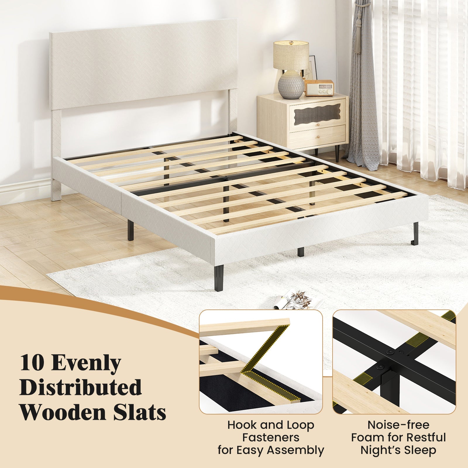 Twin/Full/Queen Size Velvet Bed Frame Upholstered Platform Bed with Chevron Headboard Beige