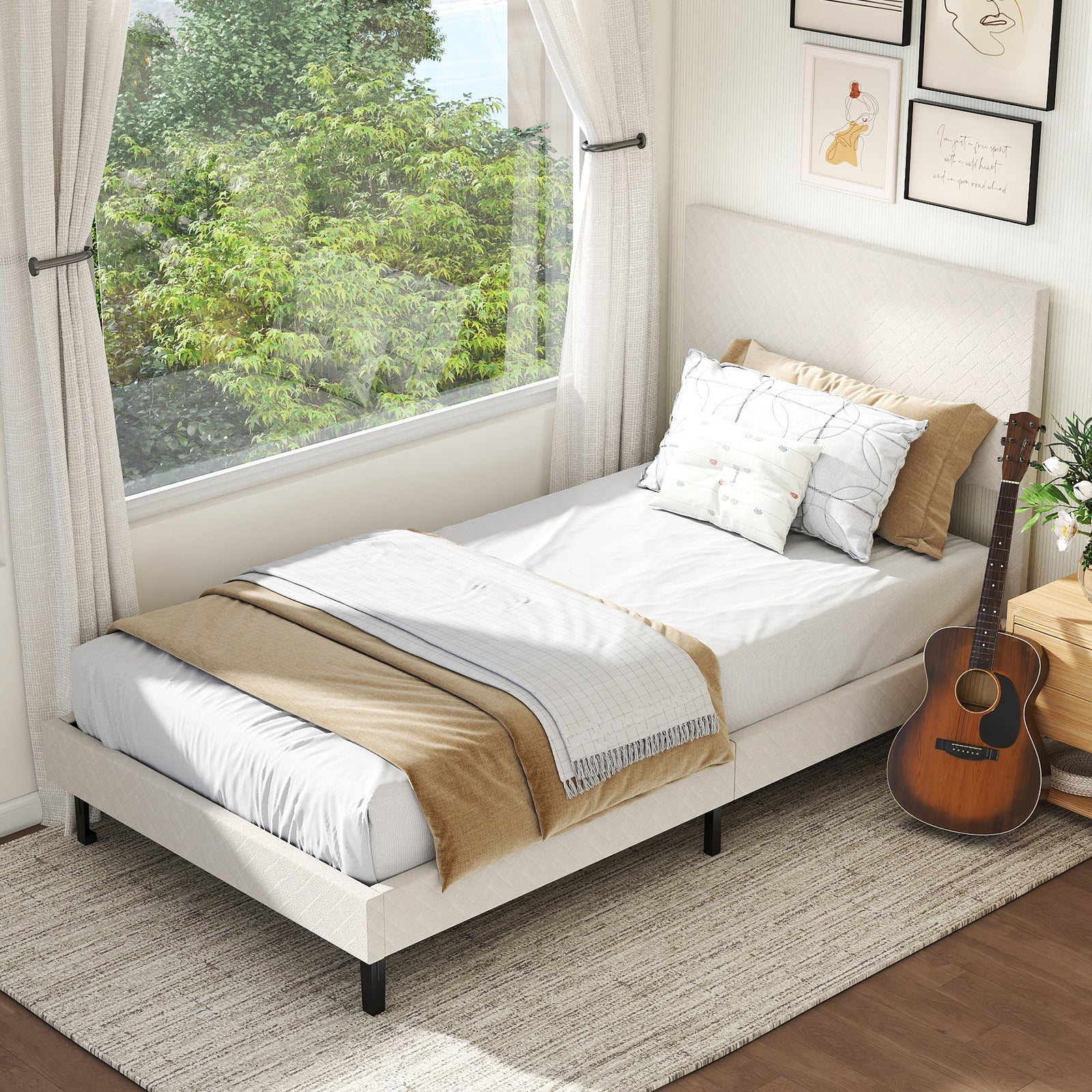 Twin/Full/Queen Size Velvet Bed Frame Upholstered Platform Bed with Chevron Headboard Beige