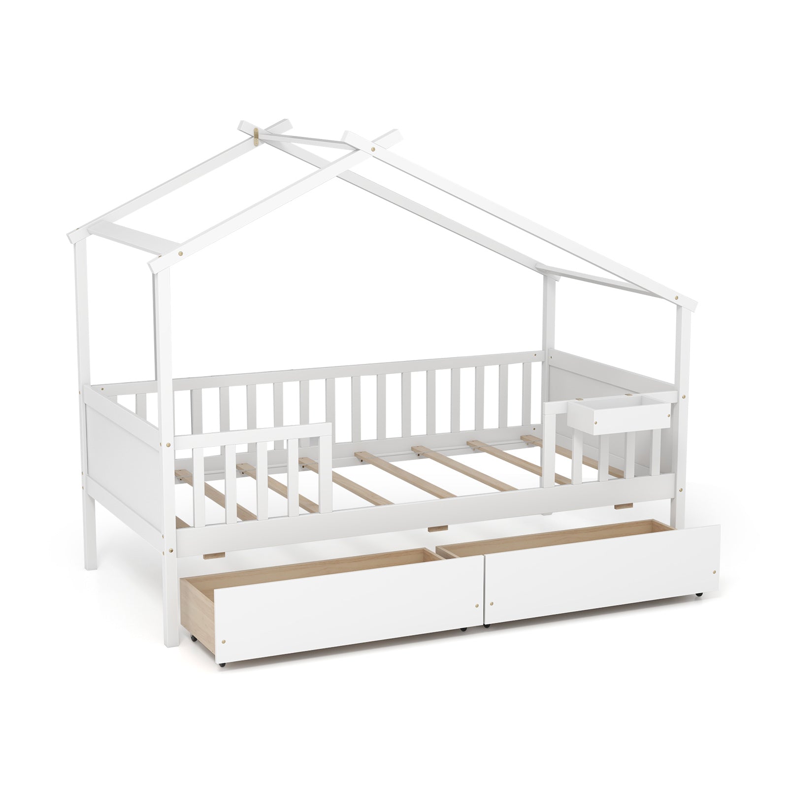 Twin House Bed with 2 Storage Drawers and Roof & Fence Rails