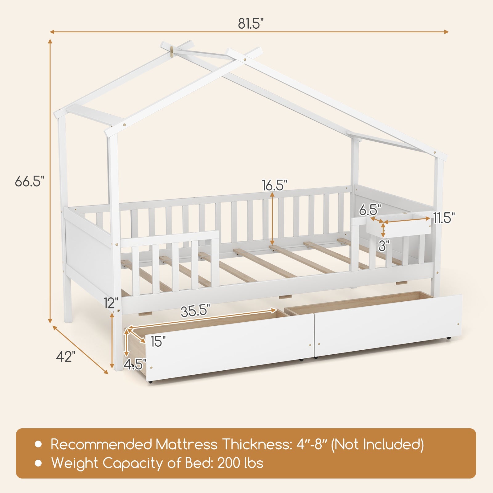 Twin House Bed with 2 Storage Drawers and Roof & Fence Rails