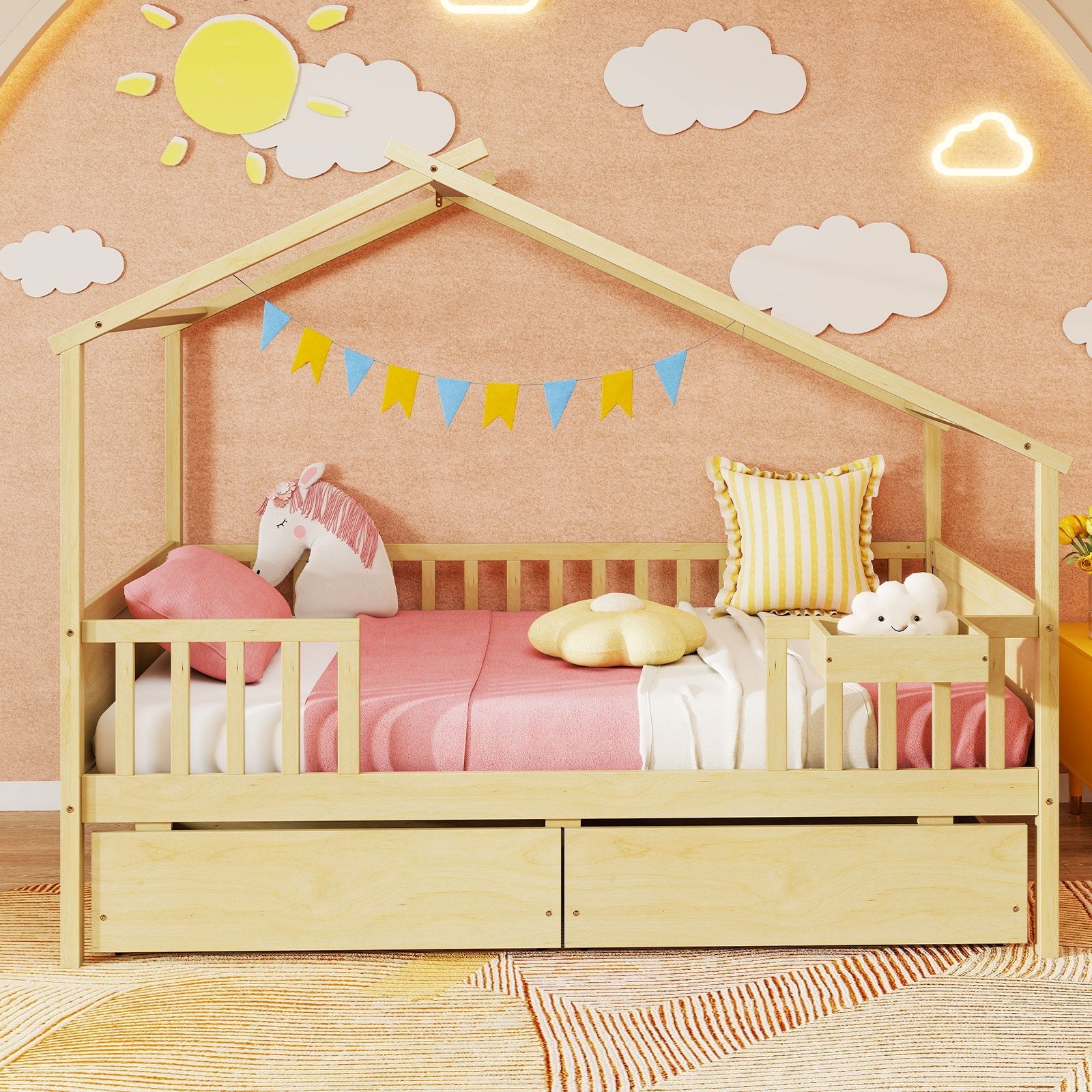 Twin House Bed with 2 Storage Drawers and Roof & Fence Rails