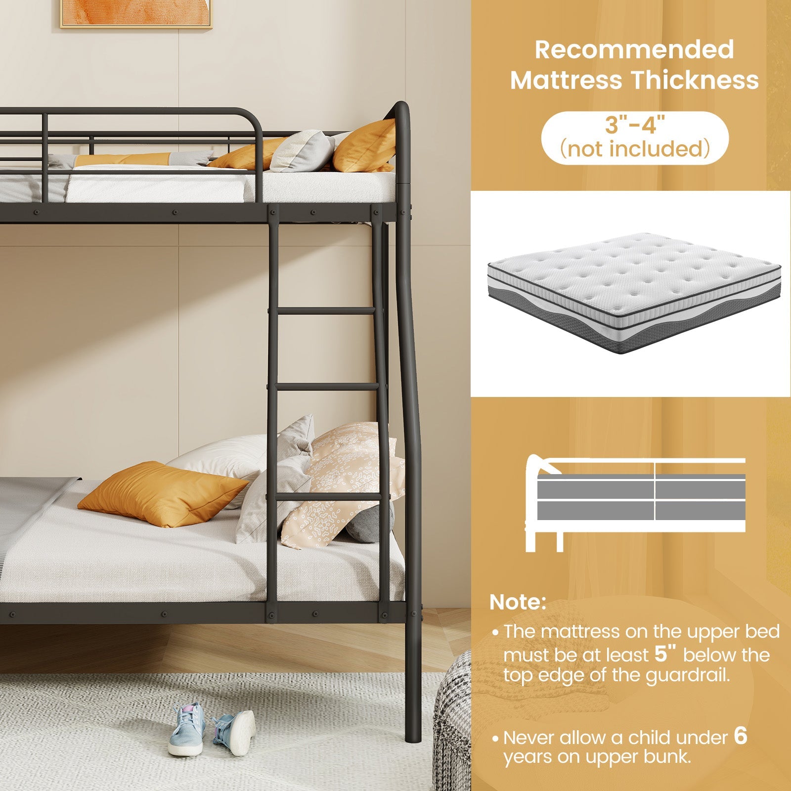 Twin Over Full Bunk Bed with Ladder and Full-length Guardrails