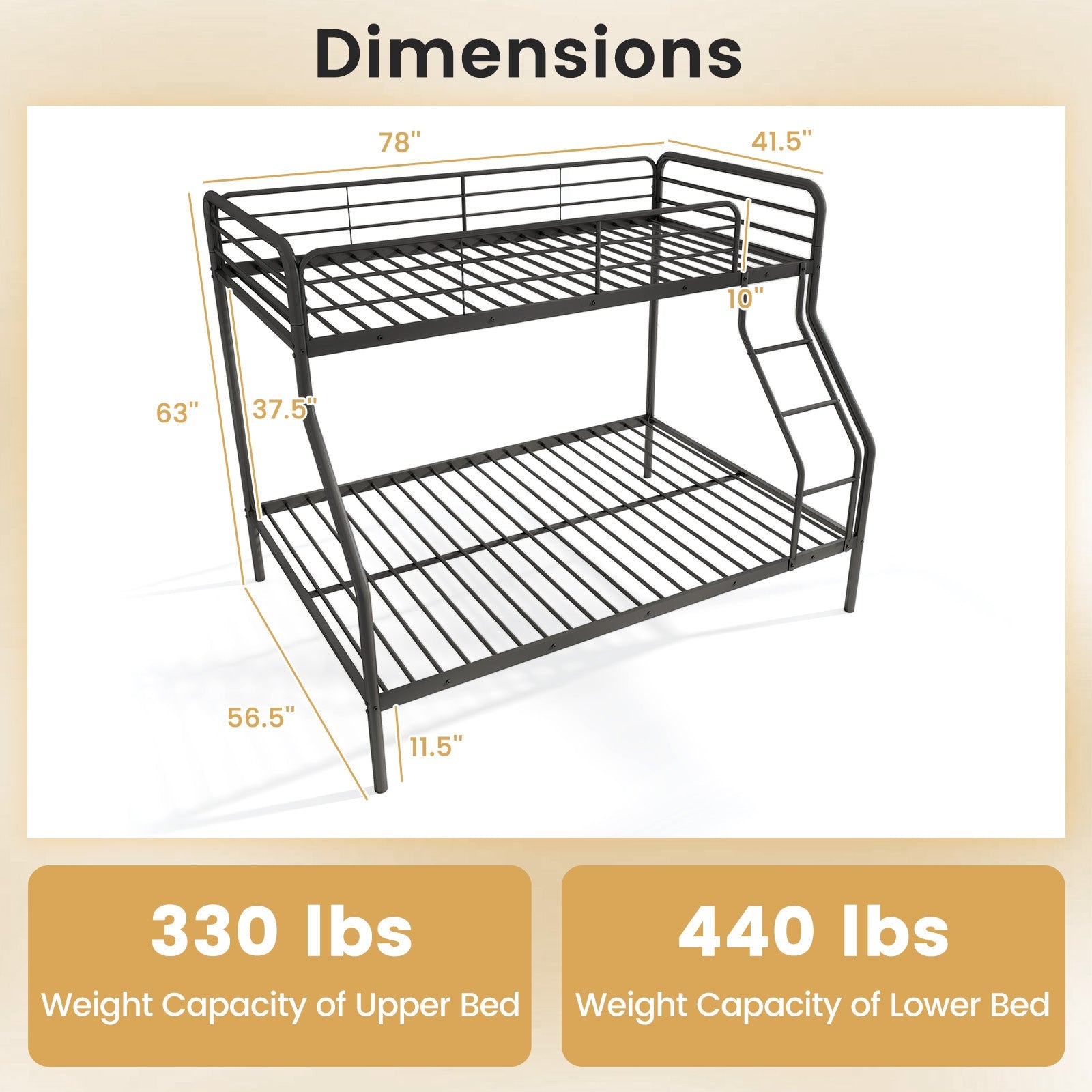 Twin Over Full Bunk Bed with Ladder and Full-length Guardrails