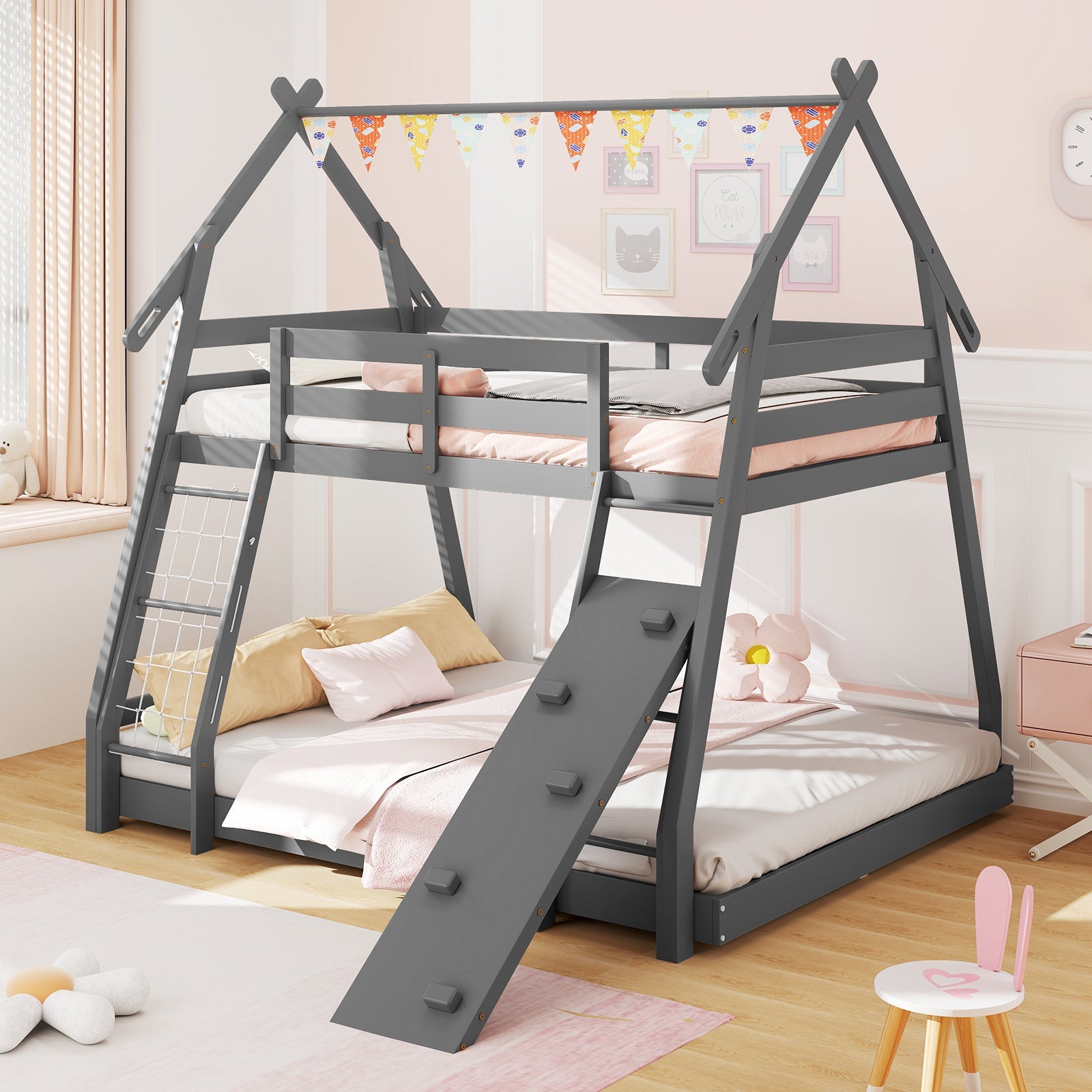 Twin Over Queen Bunk Bed Wooden Kids Bed with Climbing Nets and Ramp