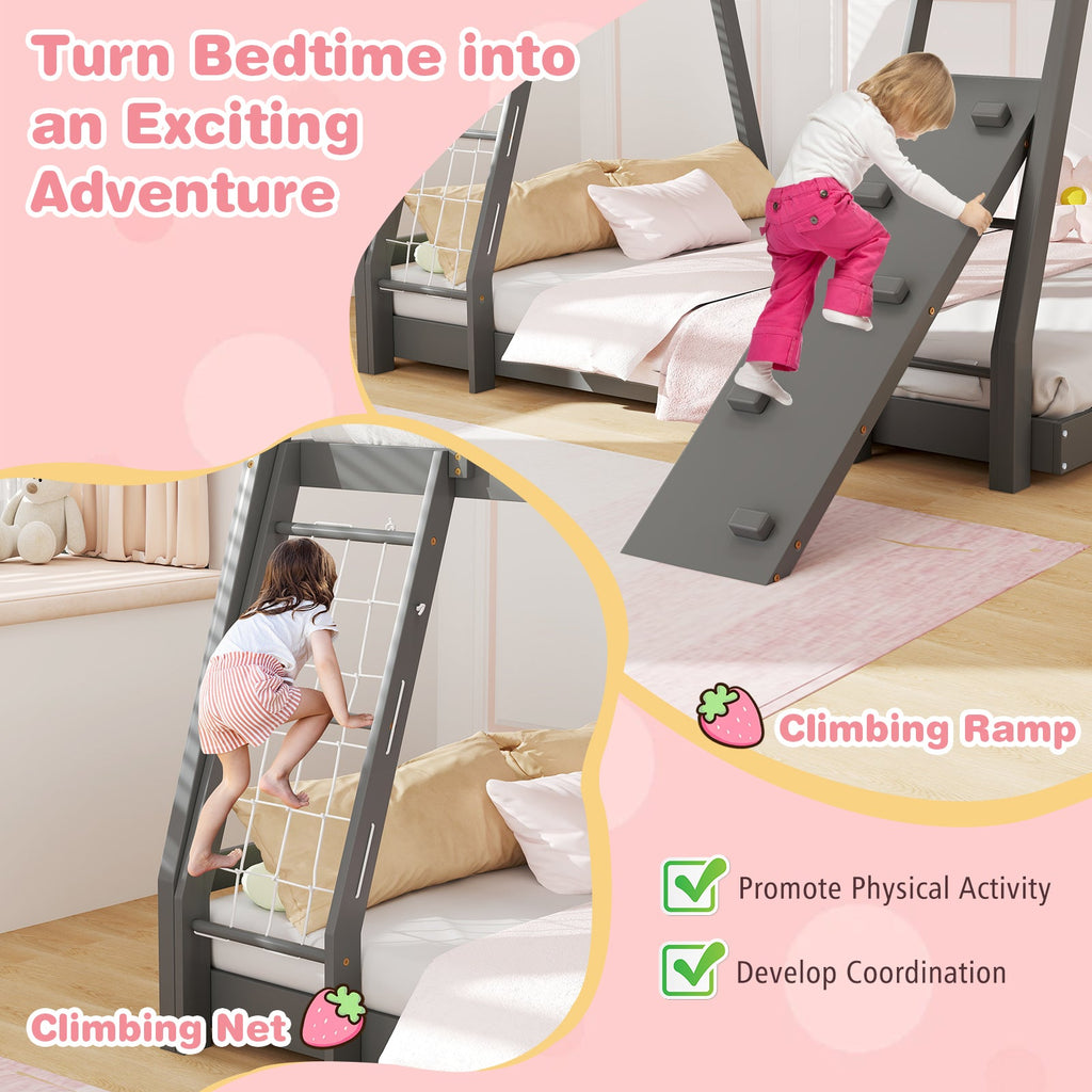 Twin Over Queen Bunk Bed Wooden Kids Bed with Climbing Nets and Ramp
