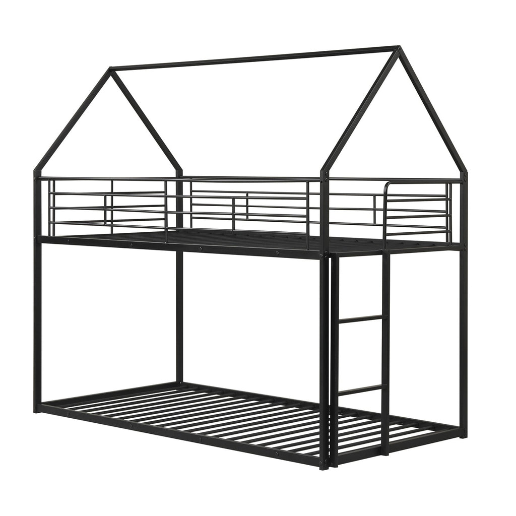 Twin Over Twin Metal Bunk Bed with Roof and Ladder