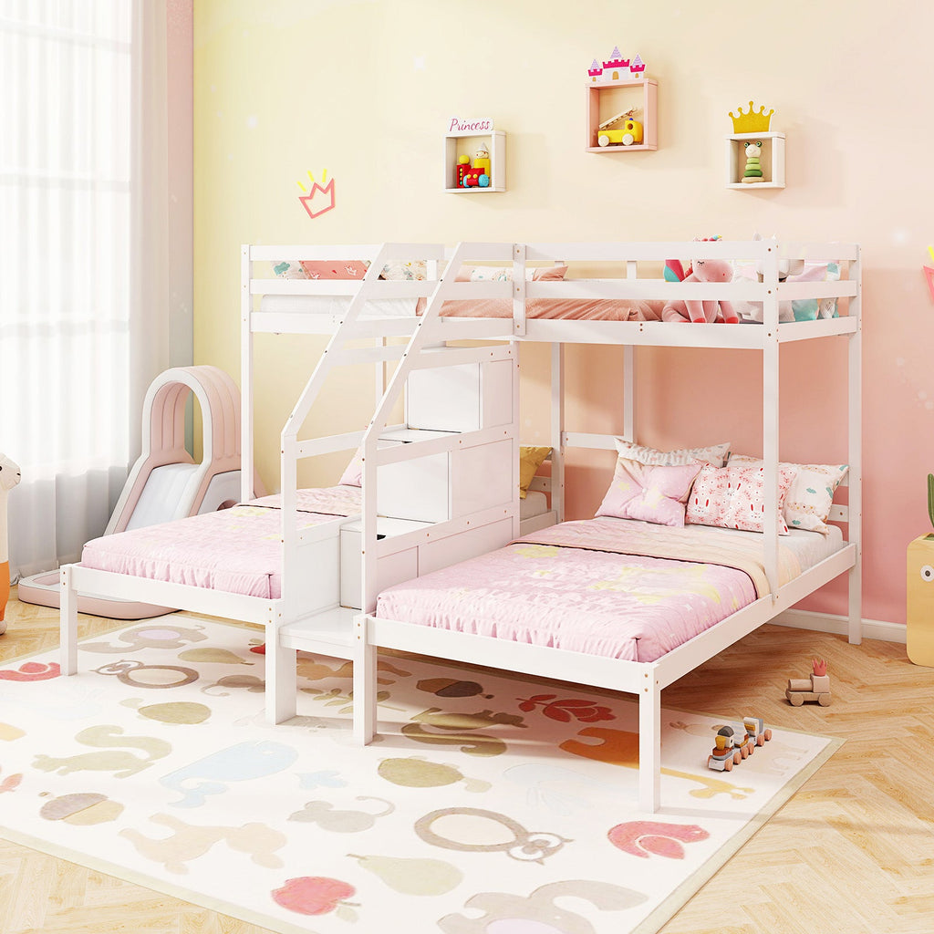 Twin Over Twin and Twin Bunk Bed with Storage Staircase and Guardrail for 3 Kids Teens