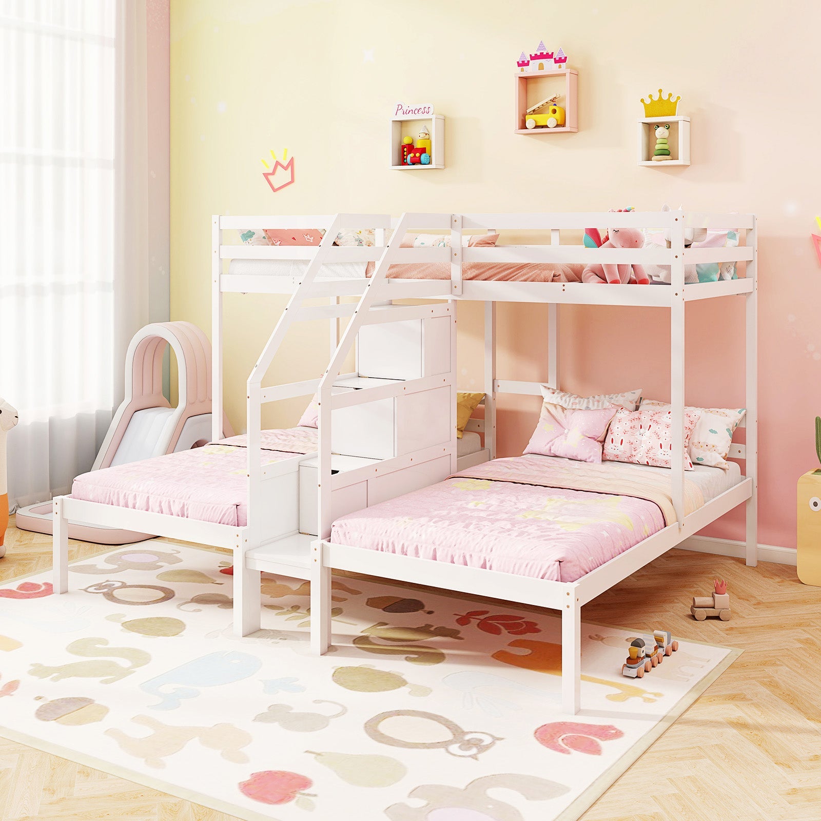 Twin Over Twin and Twin Bunk Bed with Storage Staircase and Guardrail for 3 Kids Teens
