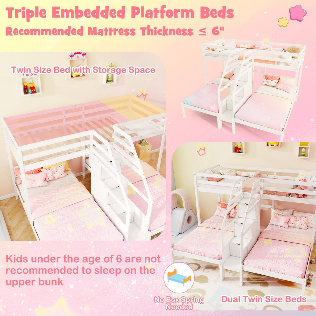 Twin Over Twin and Twin Bunk Bed with Storage Staircase and Guardrail for 3 Kids Teens