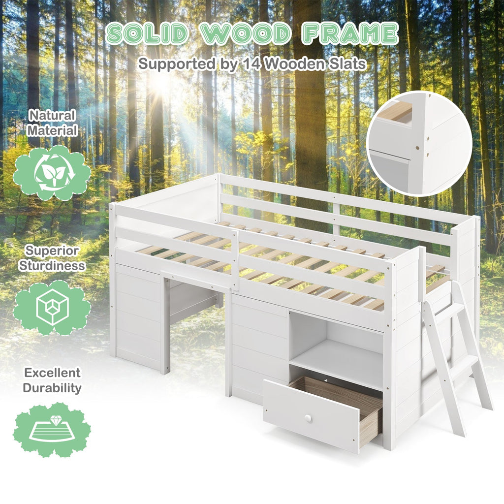 Twin Size Solid Wood Low Loft Bed with Storage and Drawer-White