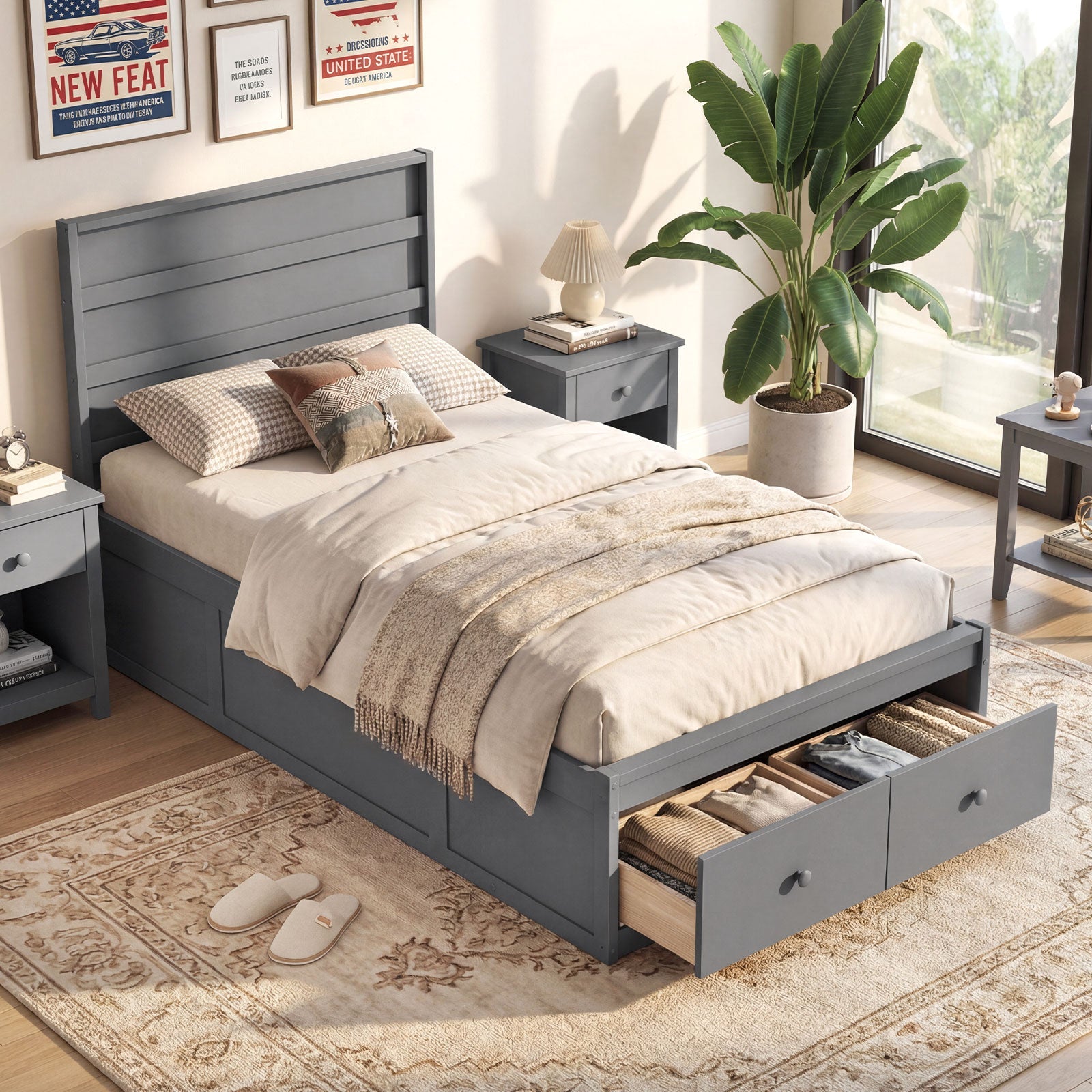 Twin Size Bed Frame with Storage Drawers and Headboard