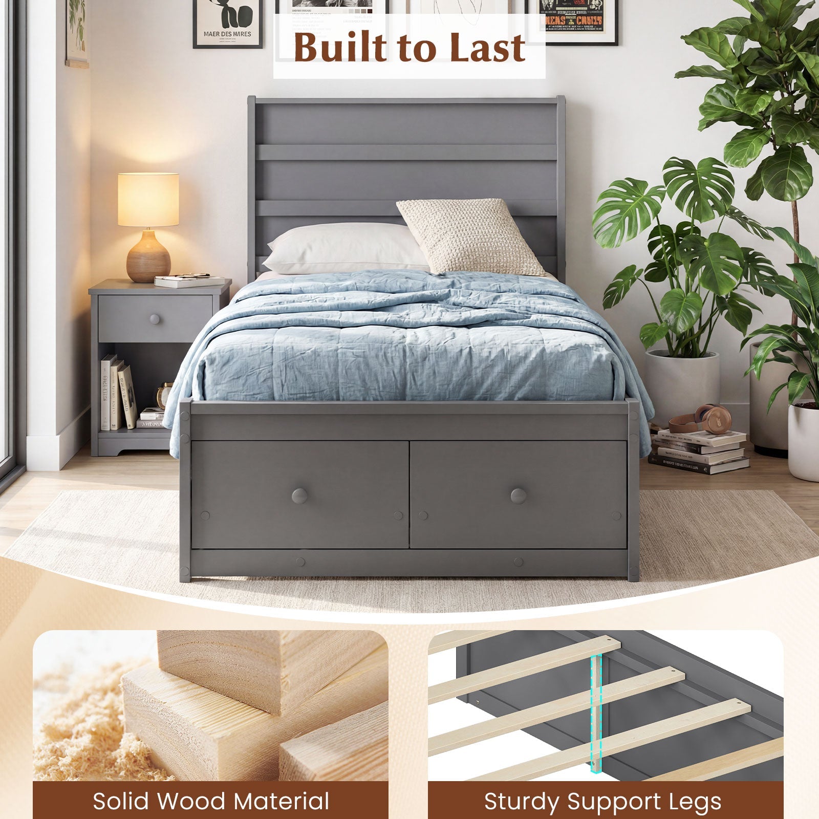 Twin Size Bed Frame with Storage Drawers and Headboard