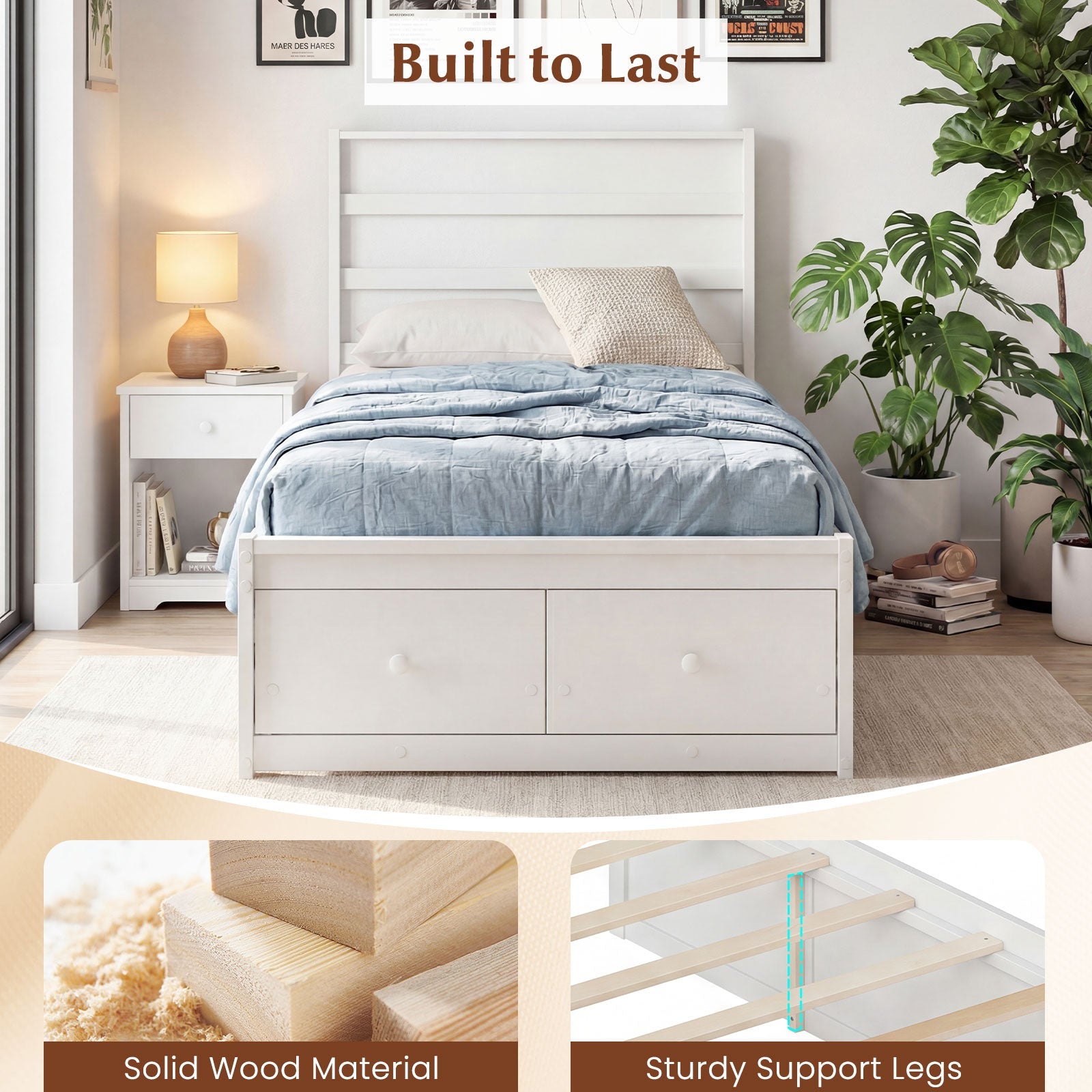 Twin Size Bed Frame with Storage Drawers and Headboard
