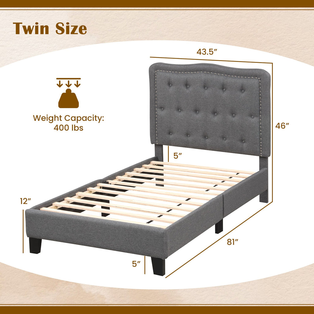 Twin Size Bed Frame with 46 Inch Tall Button Tufted Headboard-Gray