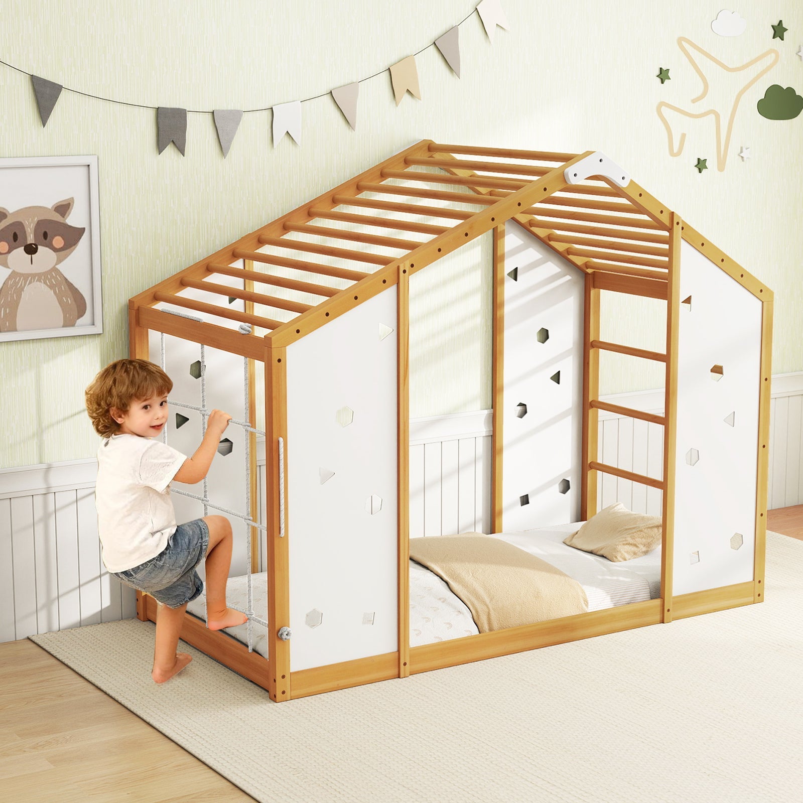 Twin Size Climbing Bed 2-in-1 Montessori Floor Bed with Monkey Bars-Natural and White