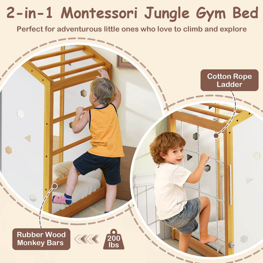 Twin Size Climbing Bed 2-in-1 Montessori Floor Bed with Monkey Bars-Natural and White