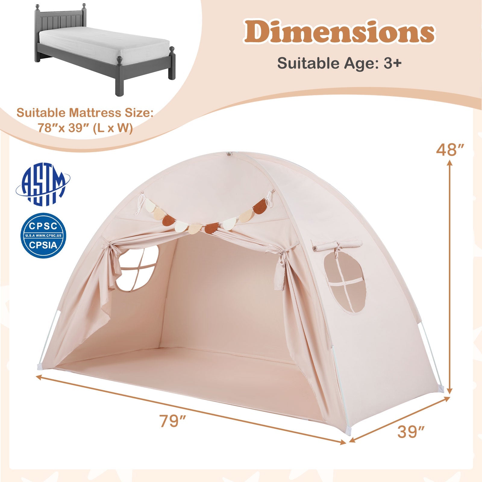 Twin Size Indoor Canopy Tent for Kids with 2 Window and Suits 3+