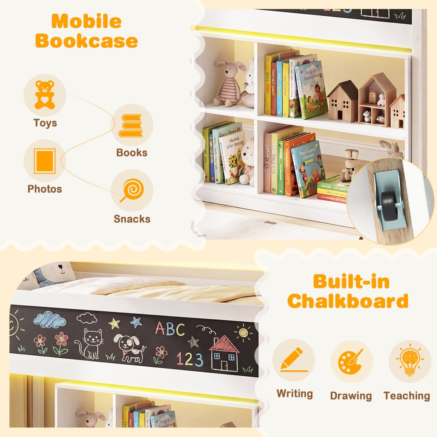 Twin Size Kids Loft Bed with LED Lights and Removable Bookcase