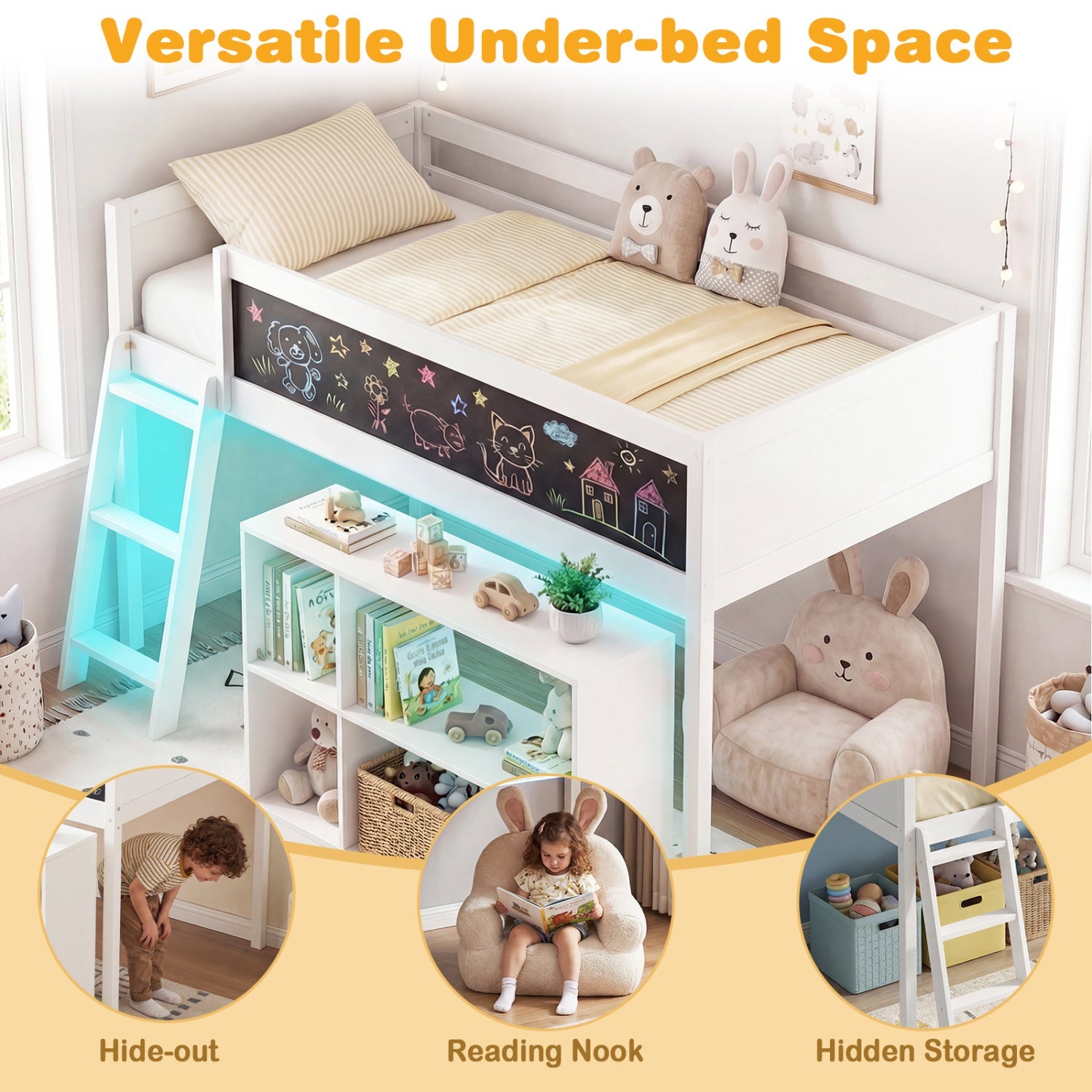 Twin Size Kids Loft Bed with LED Lights and Removable Bookcase