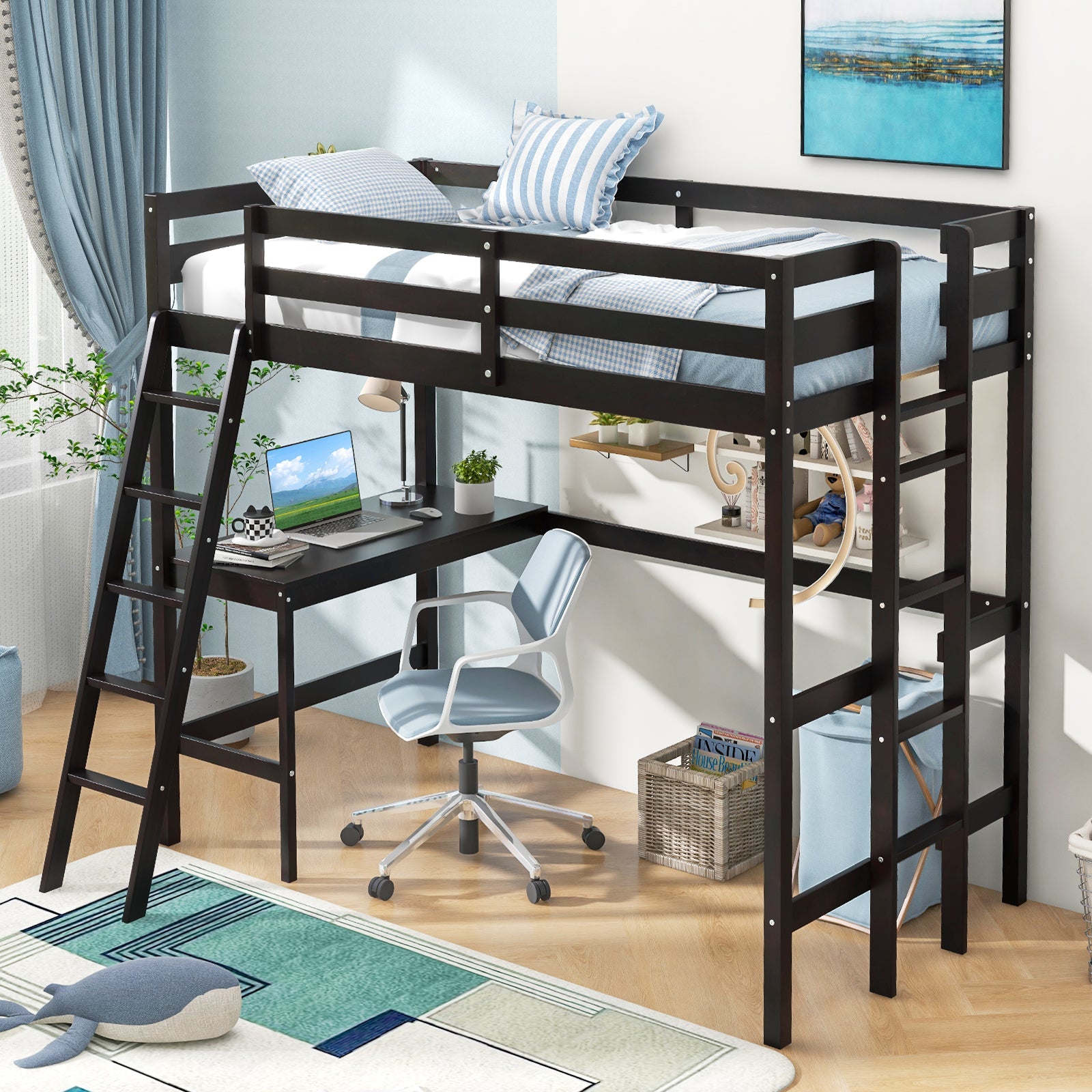 Twin Size Loft Bed Frame with Desk Angled and Built-in Ladder