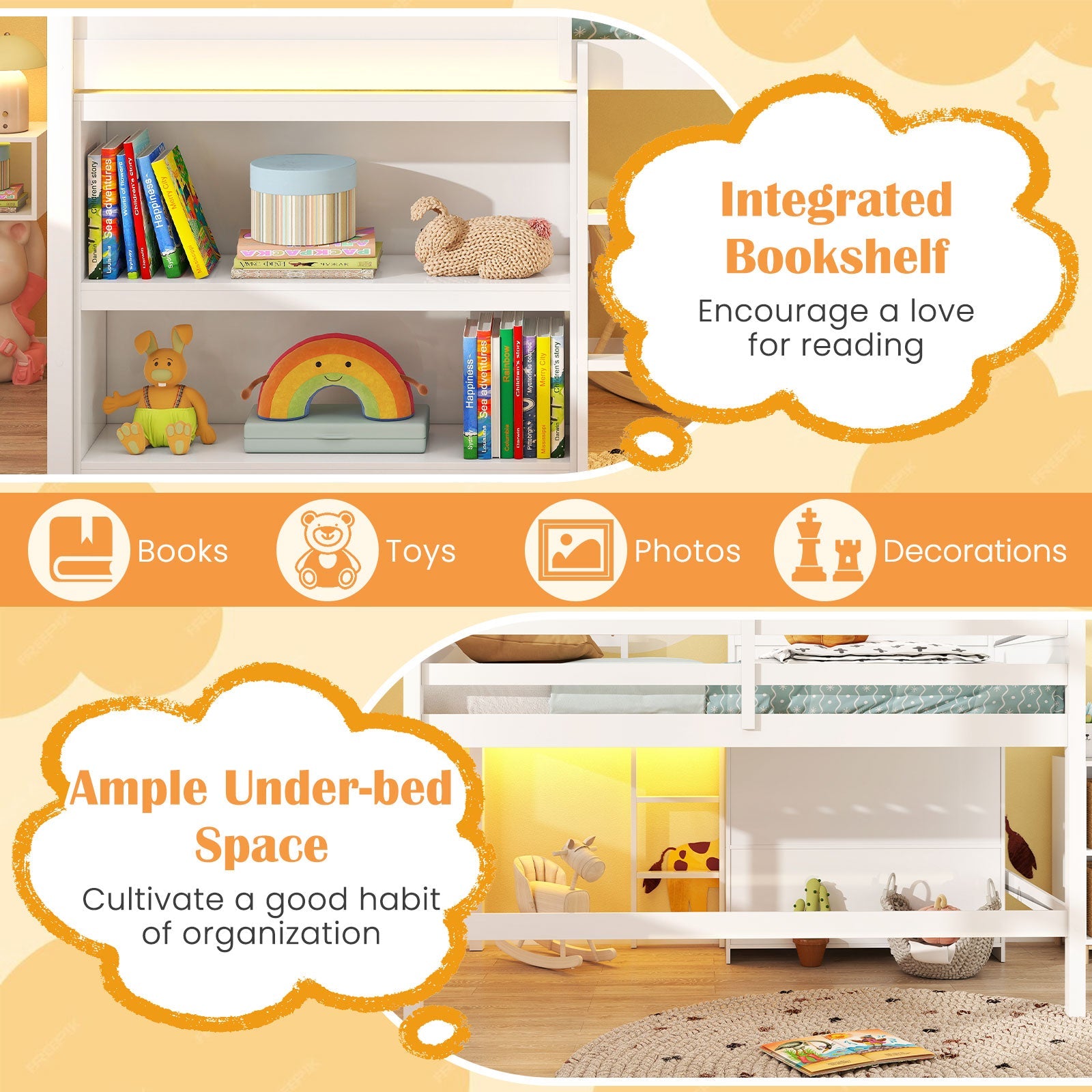Twin Size Loft Bed with LED Lights Roof Window and Storage Bookshelf-White
