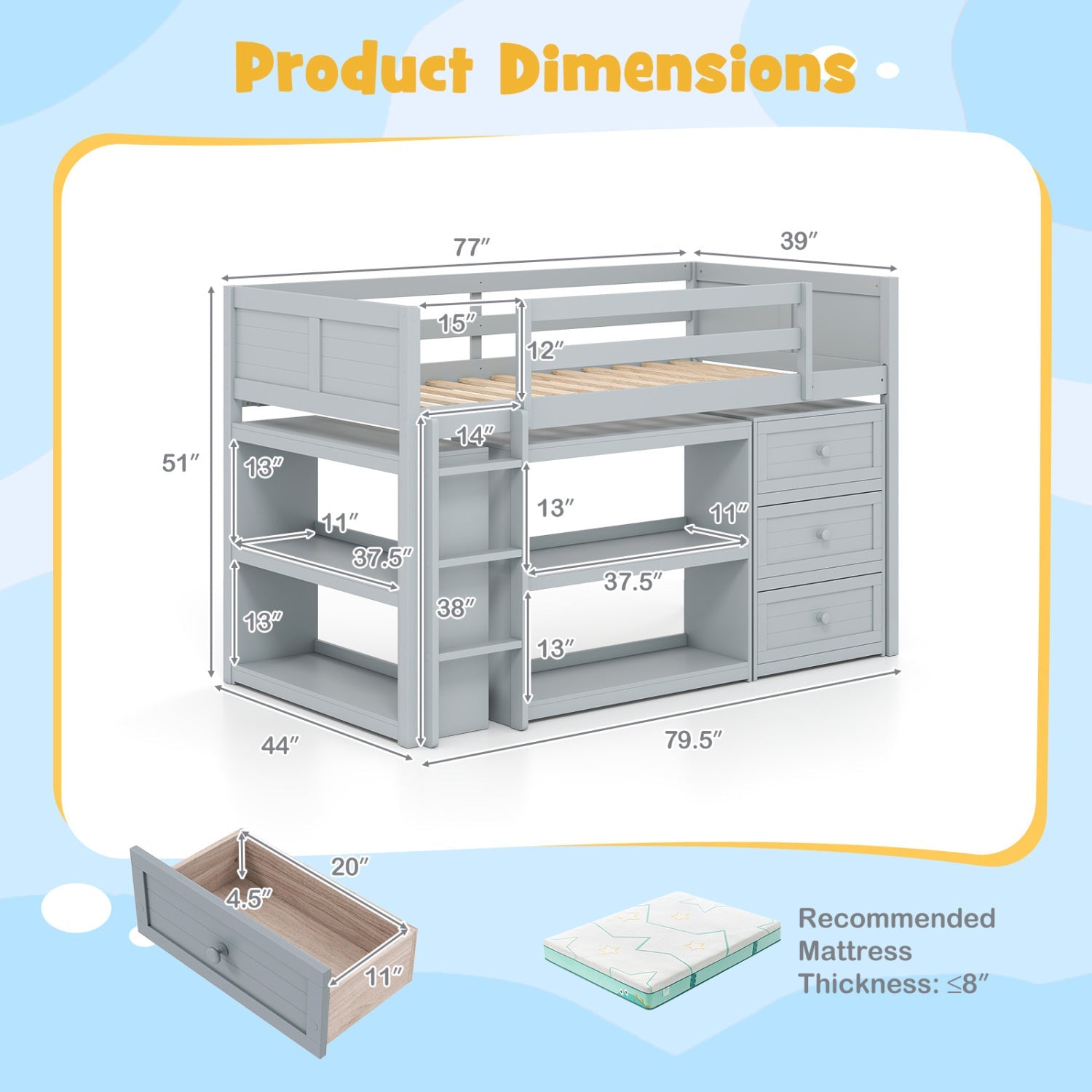 Twin Size Loft Bed with LED Lights and Underbed Space for Kids