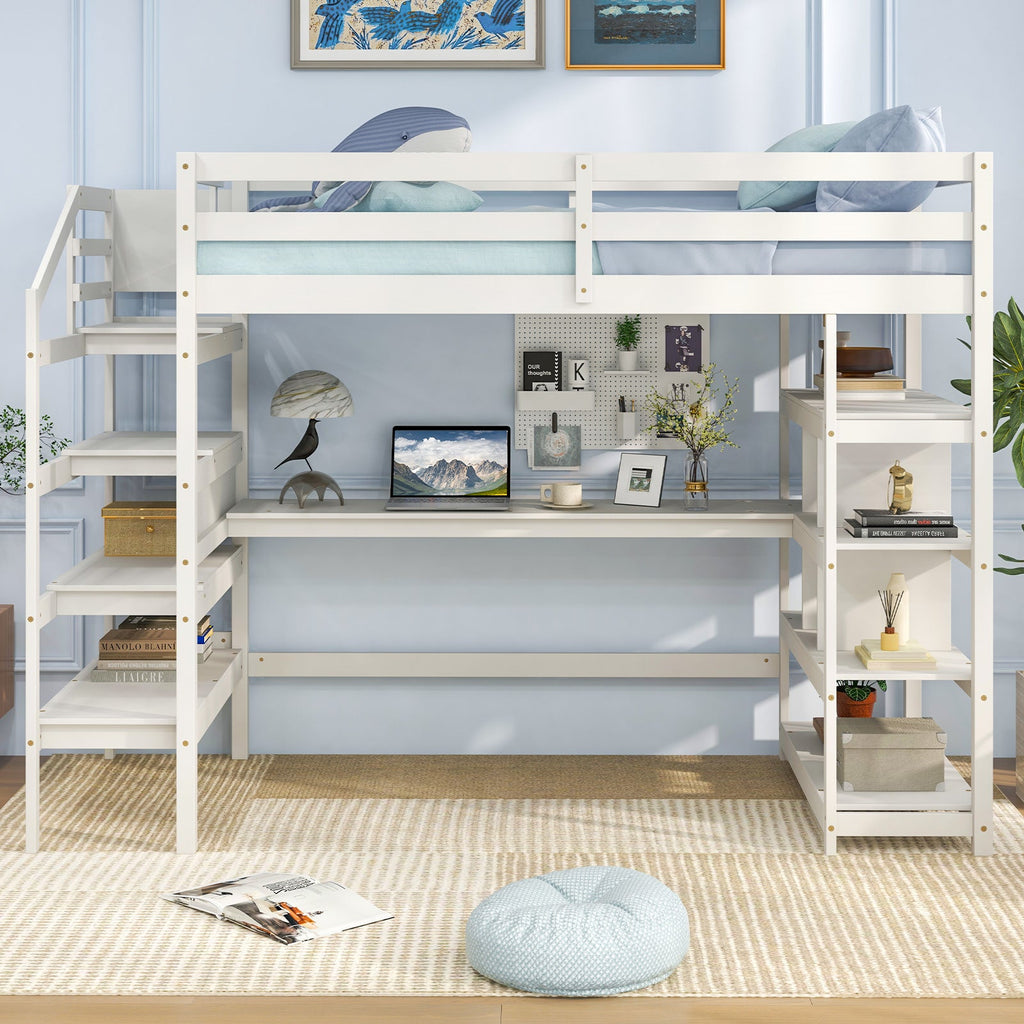 Twin Size Loft Bed with Desk and Storage Stairs Loft Bed Frame with Shelves and Safety Guardrails-White