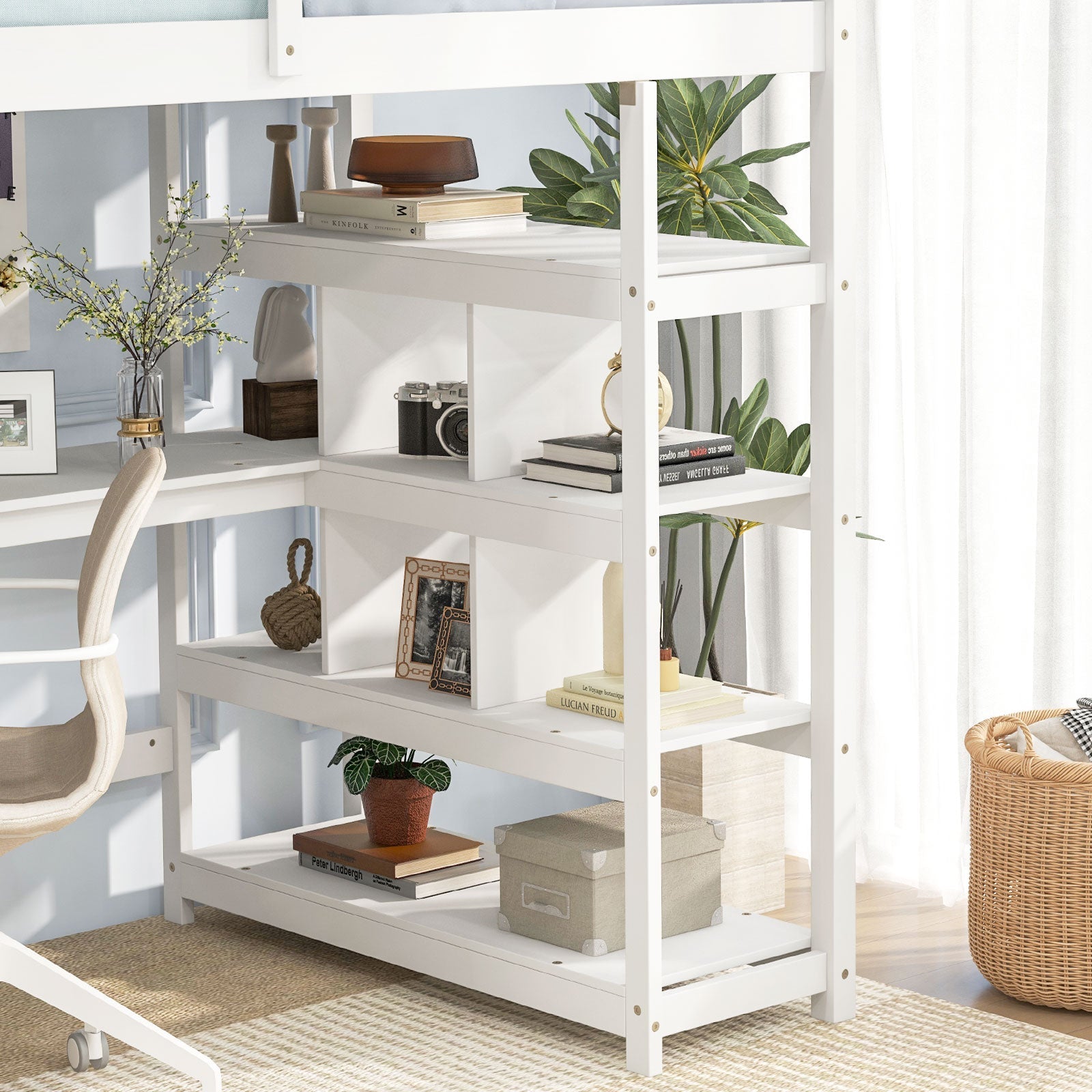 Twin Size Loft Bed with Desk and Storage Stairs Loft Bed Frame with Shelves and Safety Guardrails-White