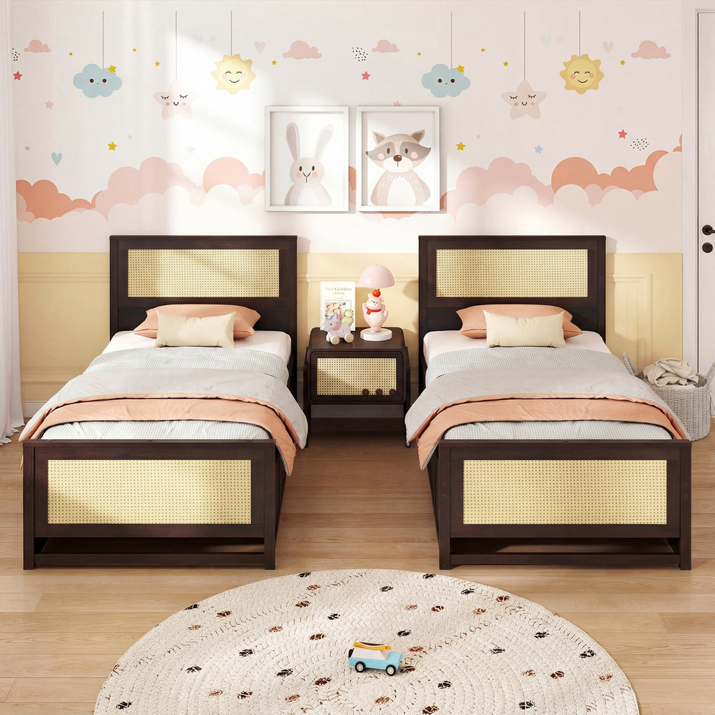 Twin Size Rattan Bed Frame with Storage Drawers