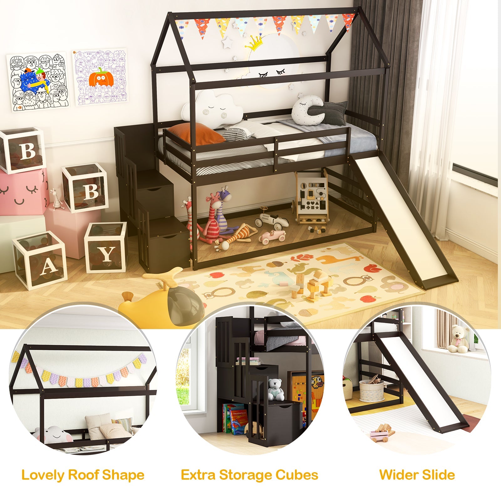Twin over Twin Bunk Bed with Slide and 2-Step Storage Staircase