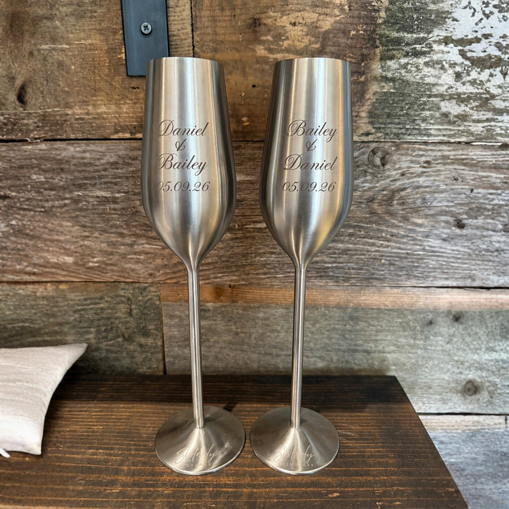 Silver Personalized Champagne Flutes Set of 2, 7.5 Ounces