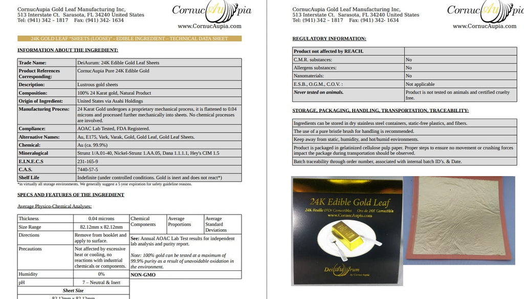 Edible Gold Leaf Sheets, 24K  3 3/8" - 25 Sheets