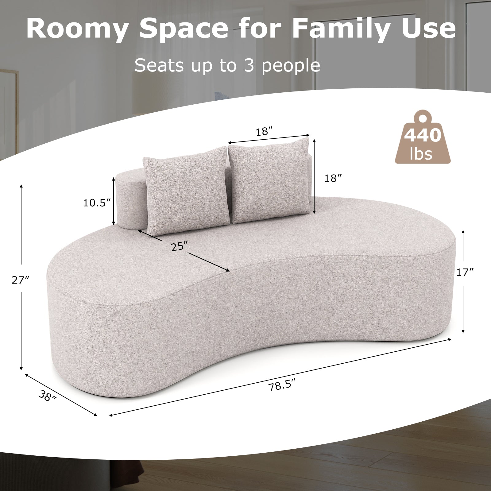 Upholstered Curved Sofa with 2 Cozy Pillows