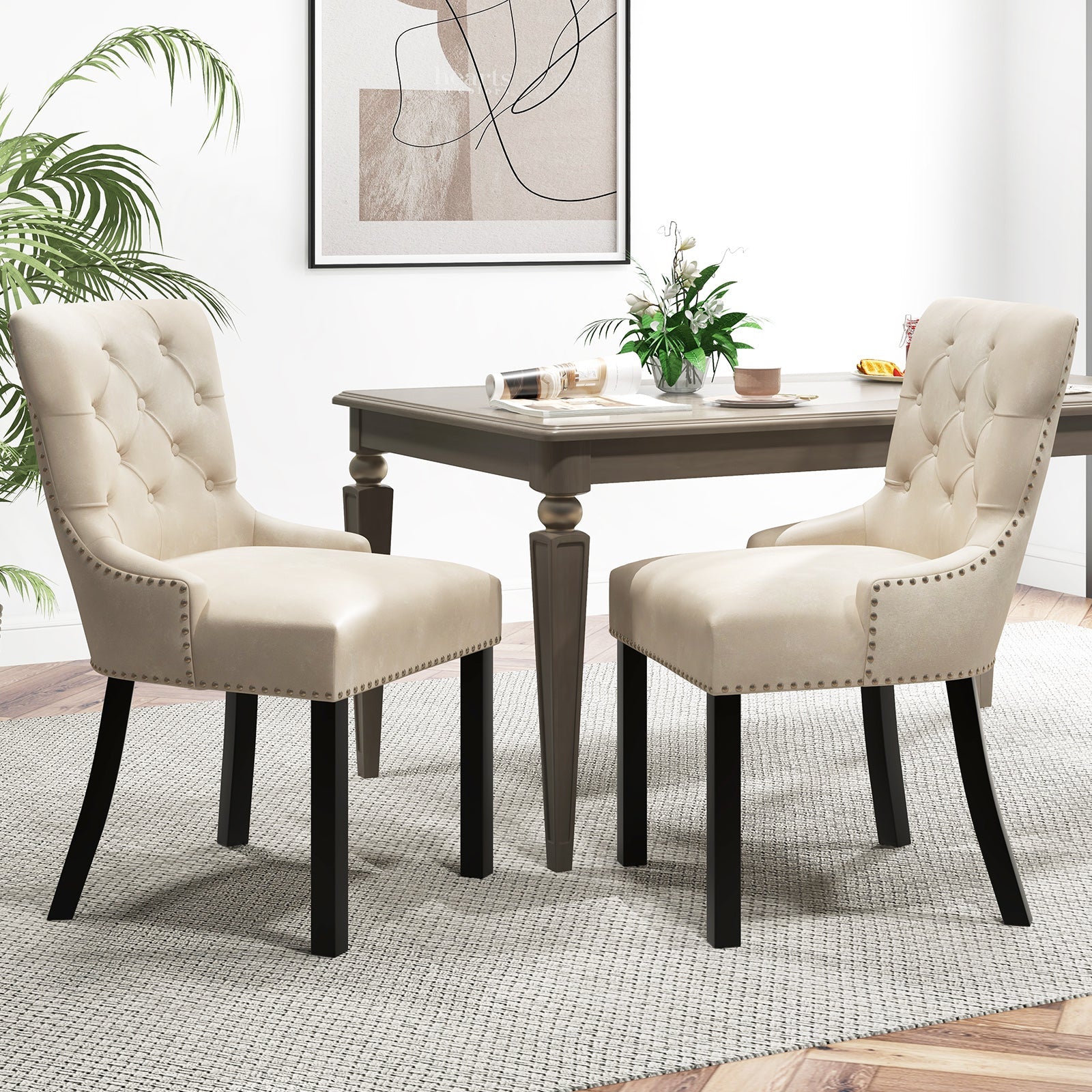Upholstered Dining Chairs Set of 2 Tufted Wingback Chairs with Rubber Wood Legs