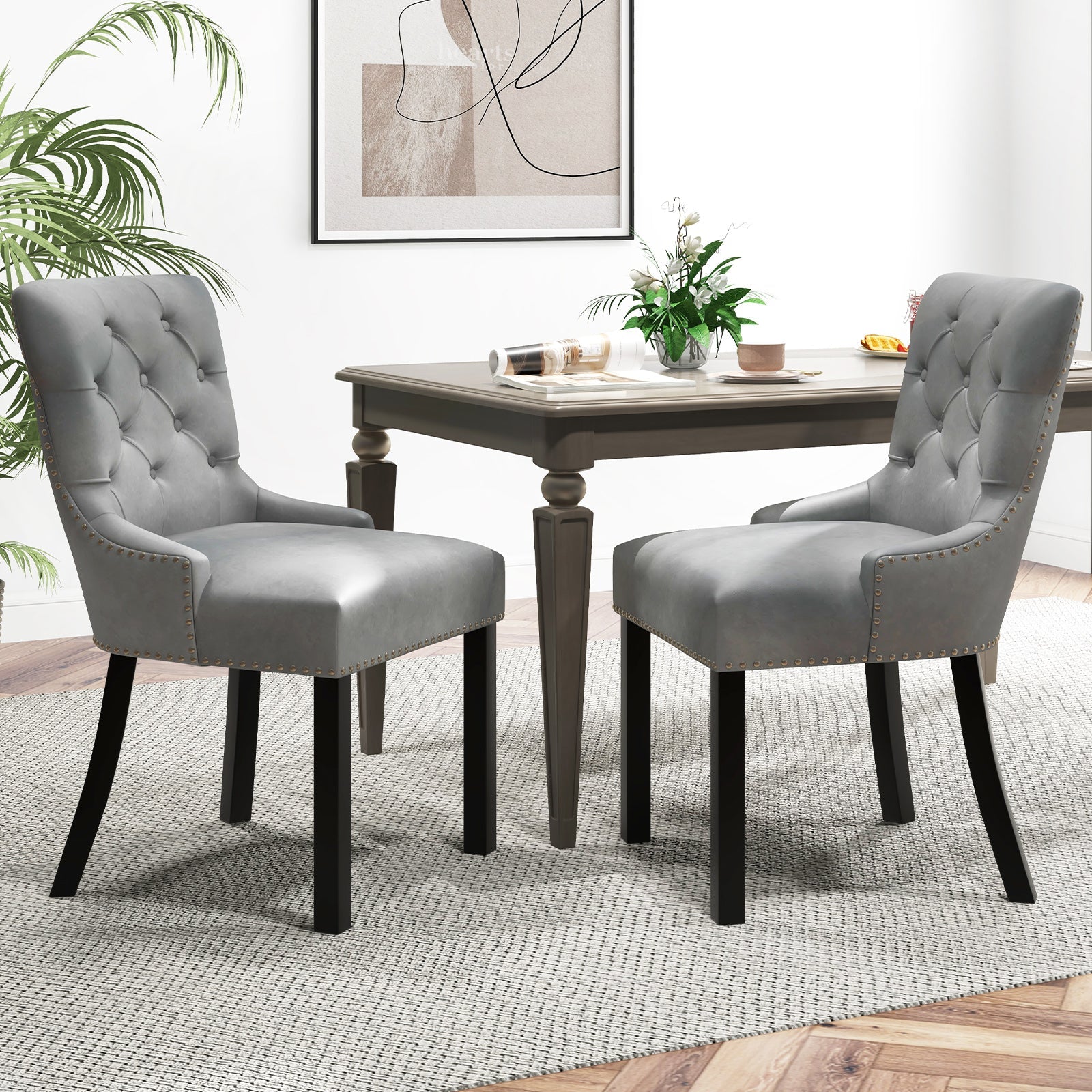 Upholstered Dining Chairs Set of 2 Tufted Wingback Chairs with Rubber Wood Legs