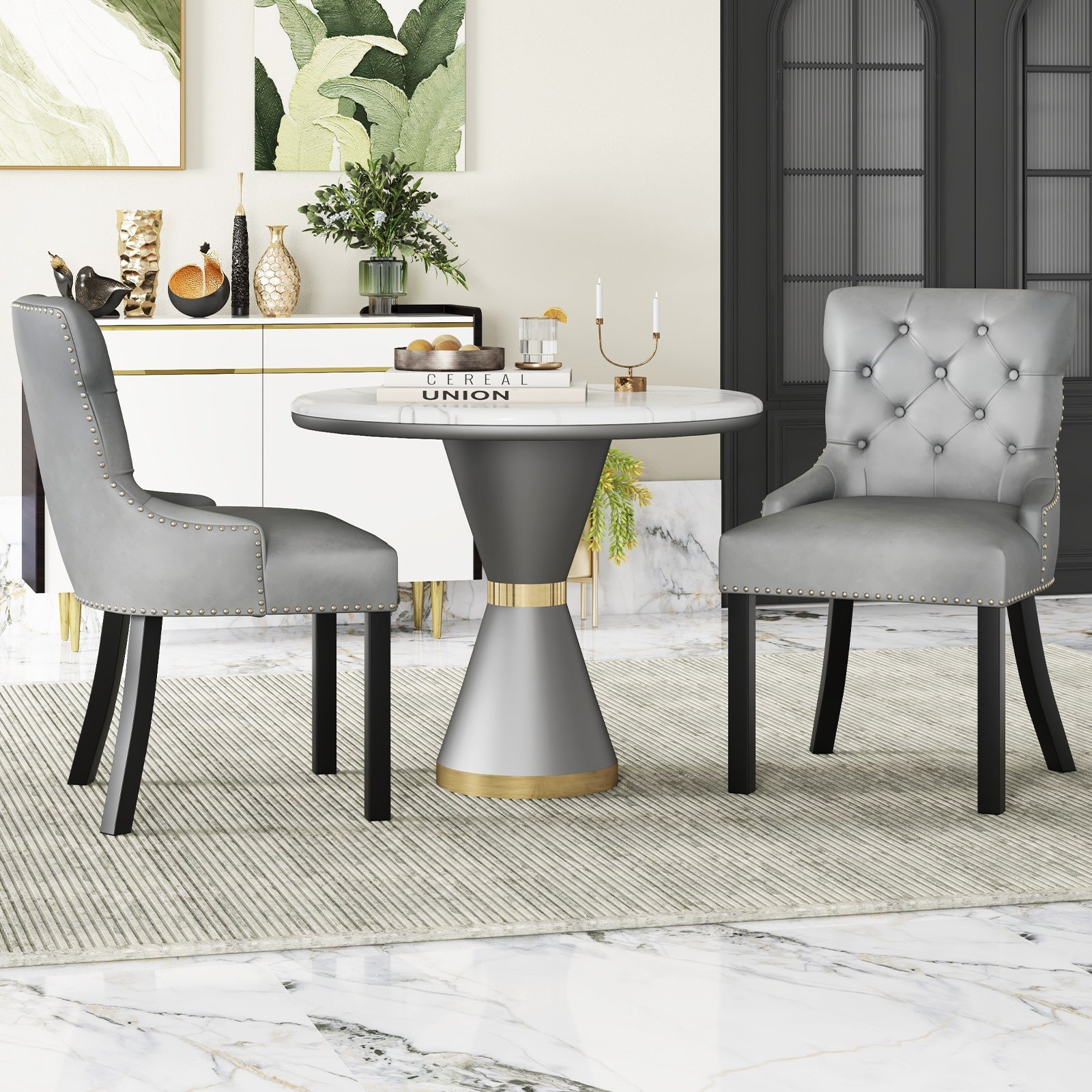 Upholstered Dining Chairs Set of 2 Tufted Wingback Chairs with Rubber Wood Legs