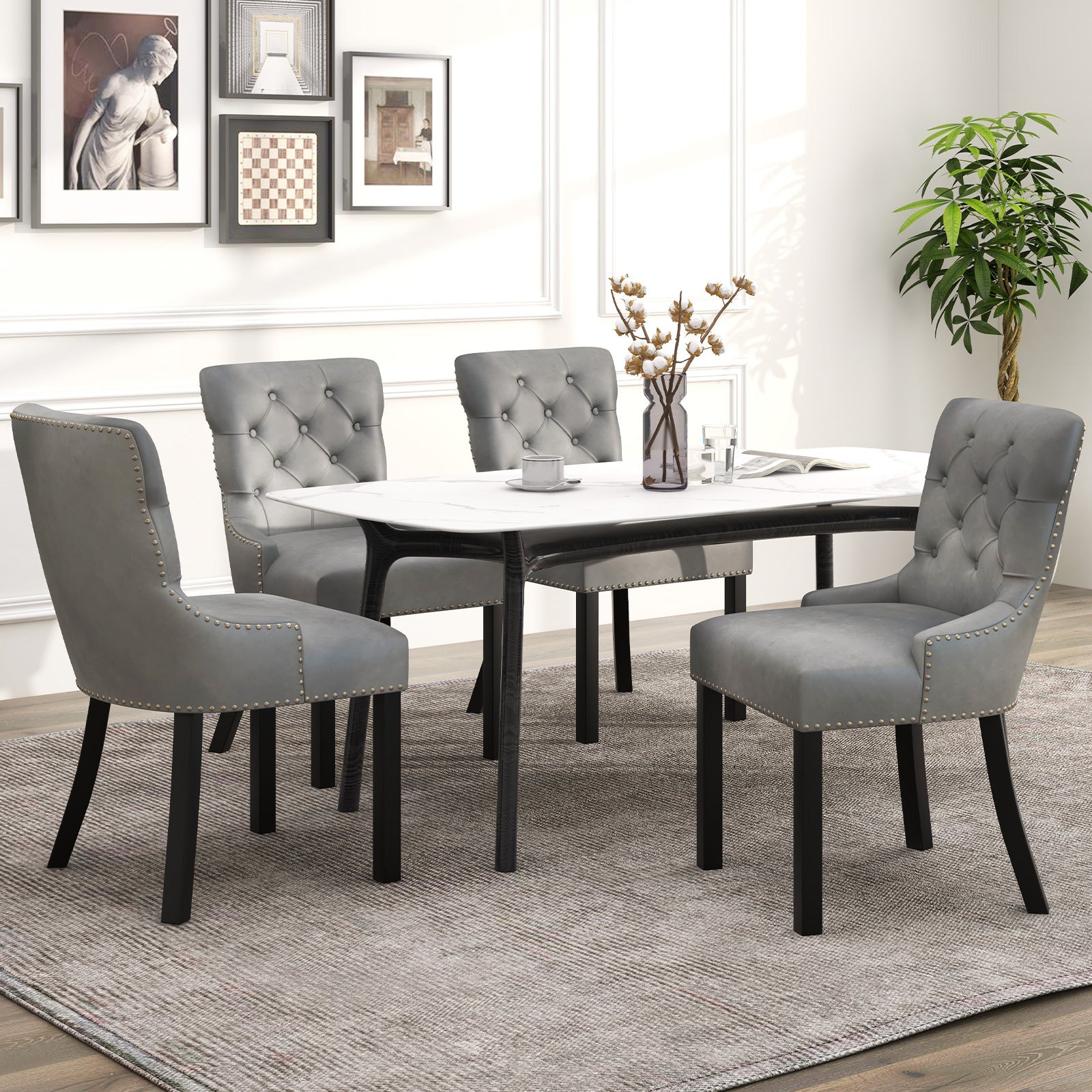 Upholstered Dining Chairs Set of 2 Tufted Wingback Chairs with Rubber Wood Legs