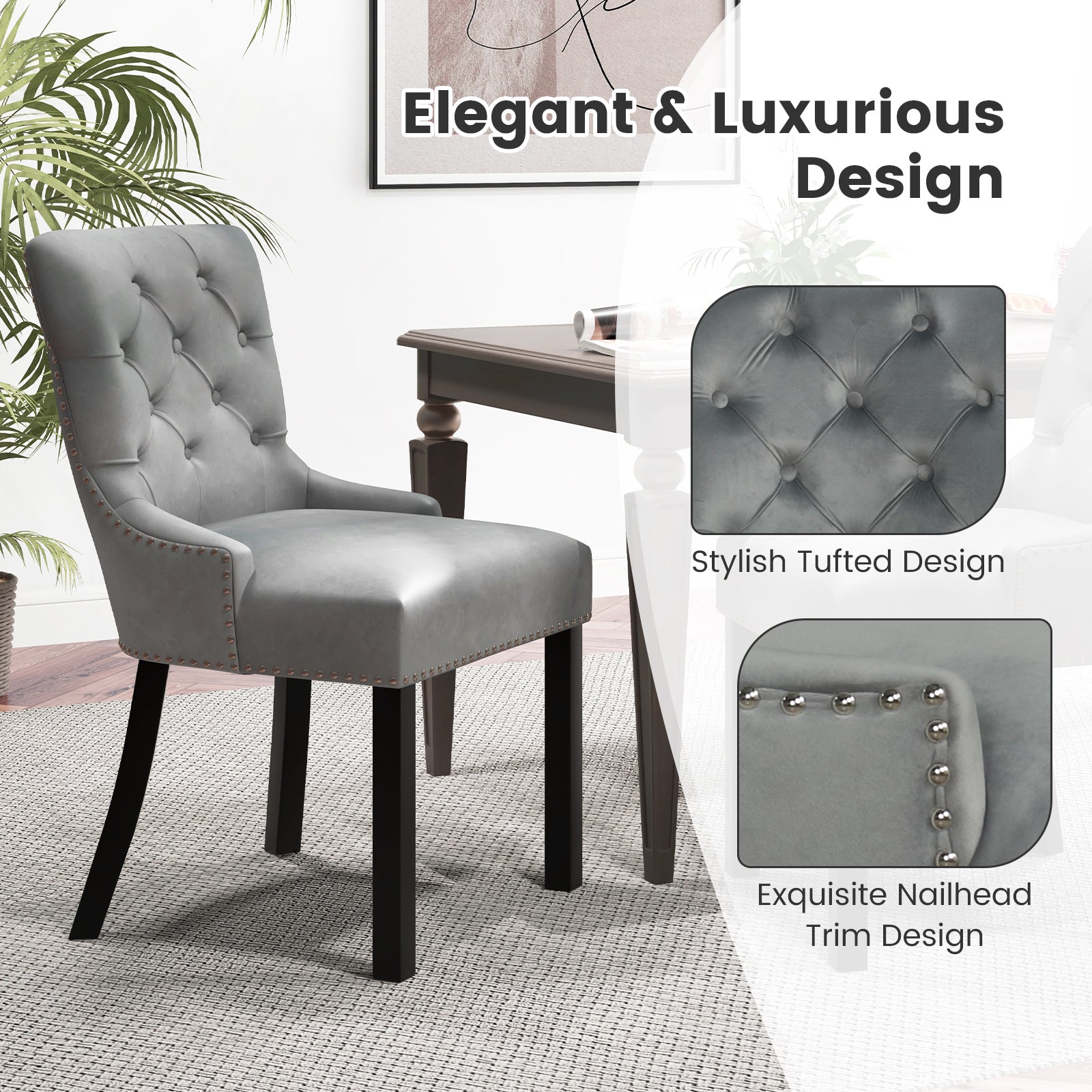 Upholstered Dining Chairs Set of 2 Tufted Wingback Chairs with Rubber Wood Legs