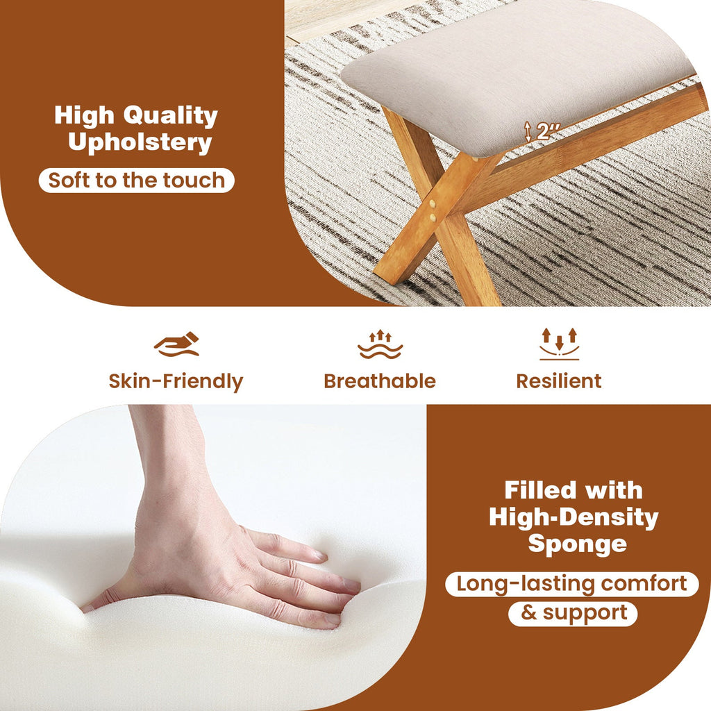 Upholstered Entryway Bench Rubber Wood Bench with Thick Padded Seat-Natural